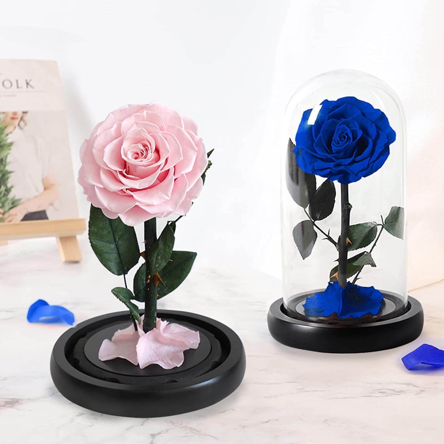 NBEADS Eternal Flower Glass Cloche with Wood Base