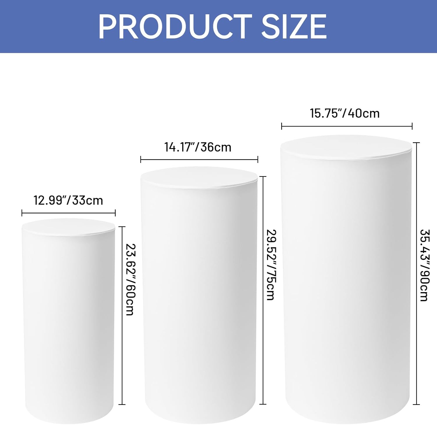 3Pcs White Cylinder Pedestal Stand with Spandex Covers for Parties and Events