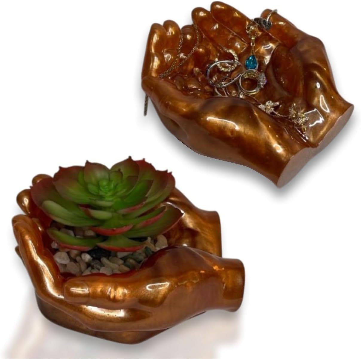 Hand Sculpture Resin Decor in Copper Green White