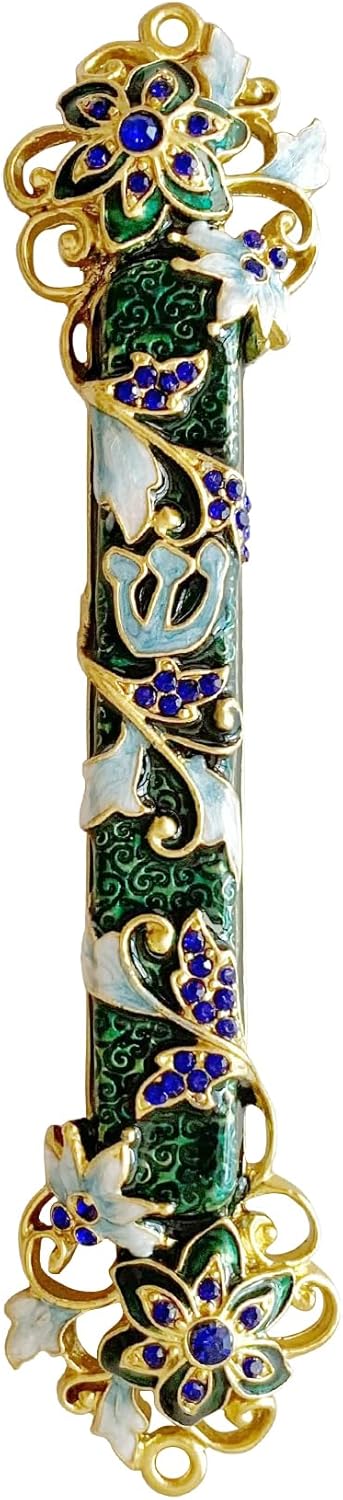 Hand Painted Mezuzah with Blue Crystal Accent