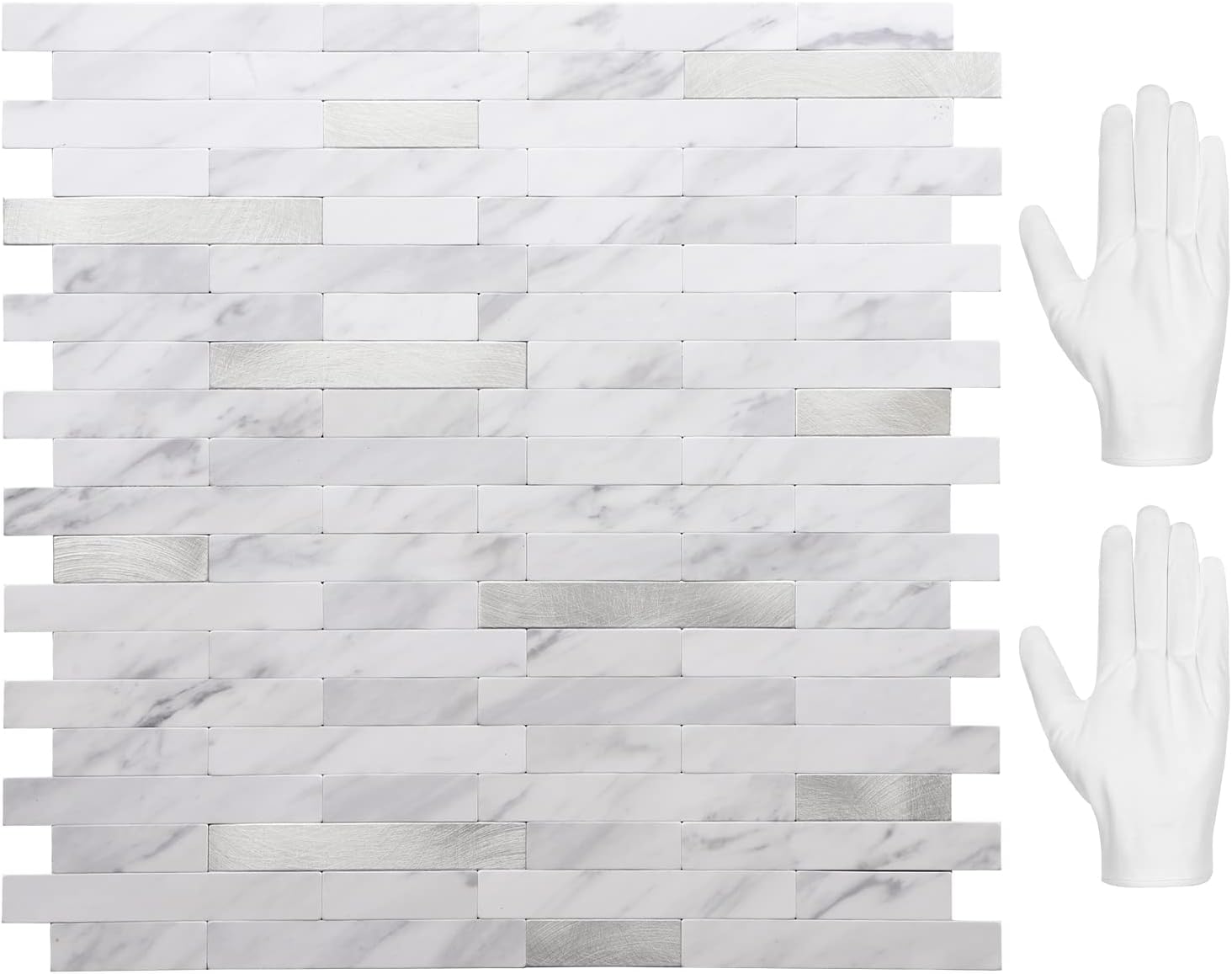 STICKGOO Peel and Stick Backsplash Tiles White Marble with Silver Metal 10 Sheets