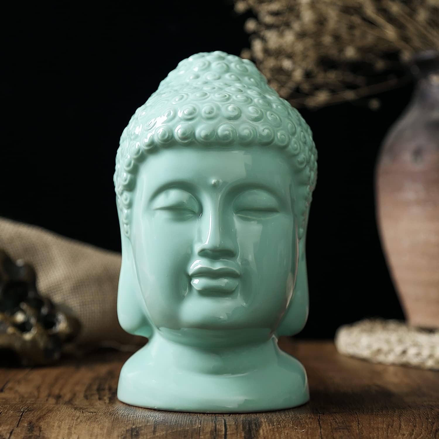 Ceramic Buddha Head Statue Green Religious Home Decor