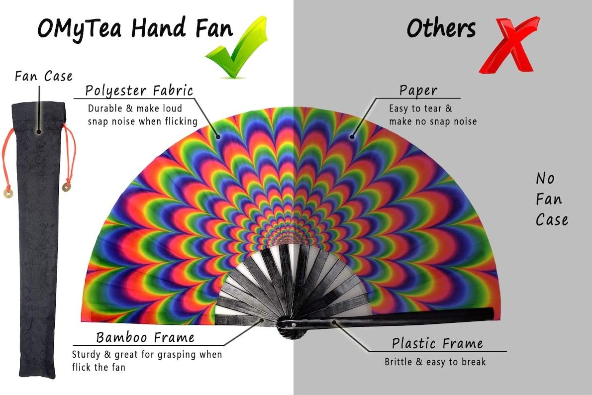 OMyTea Bamboo Large Rave Folding Hand Fan for Men Women