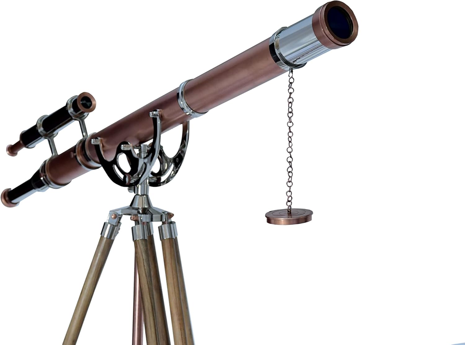 Nautical Vintage Brass Chrome Copper Double Barrel Telescope with Teak Tripod
