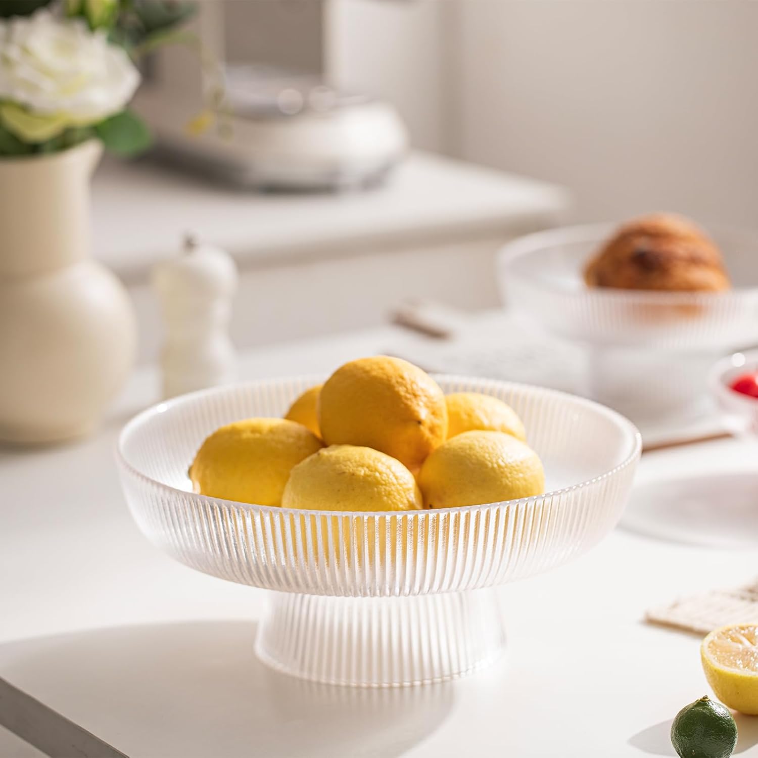 INSETLAN Clear Glass Fruit Bowl with Ribbed Design