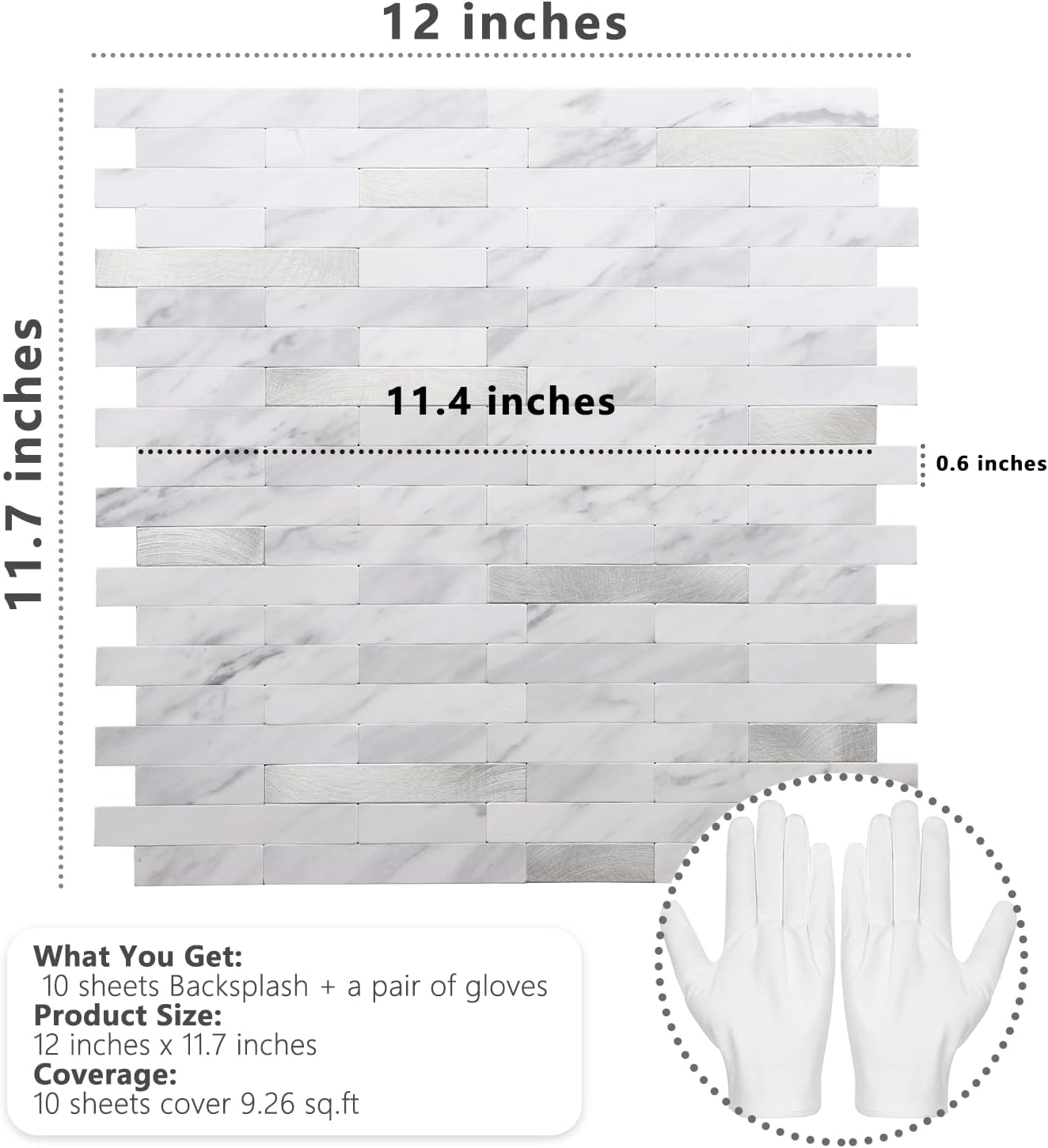 STICKGOO Peel and Stick Backsplash Tiles White Marble with Silver Metal 10 Sheets