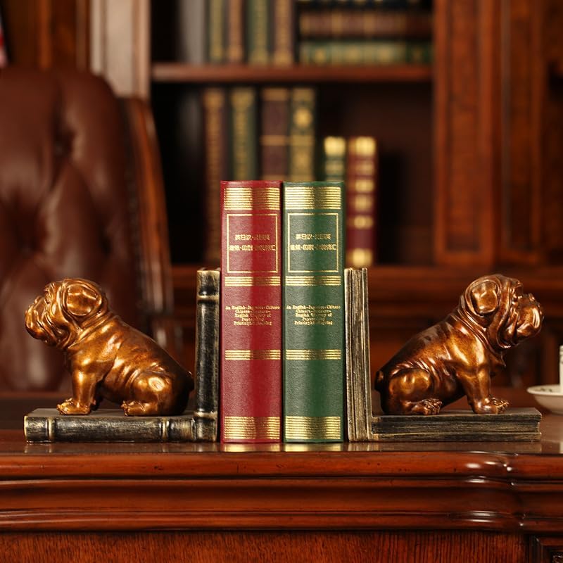 Dwysswyd Bulldog Bookends - Vintage Resin Shelf Guardians with Anti-Slip Base 1
