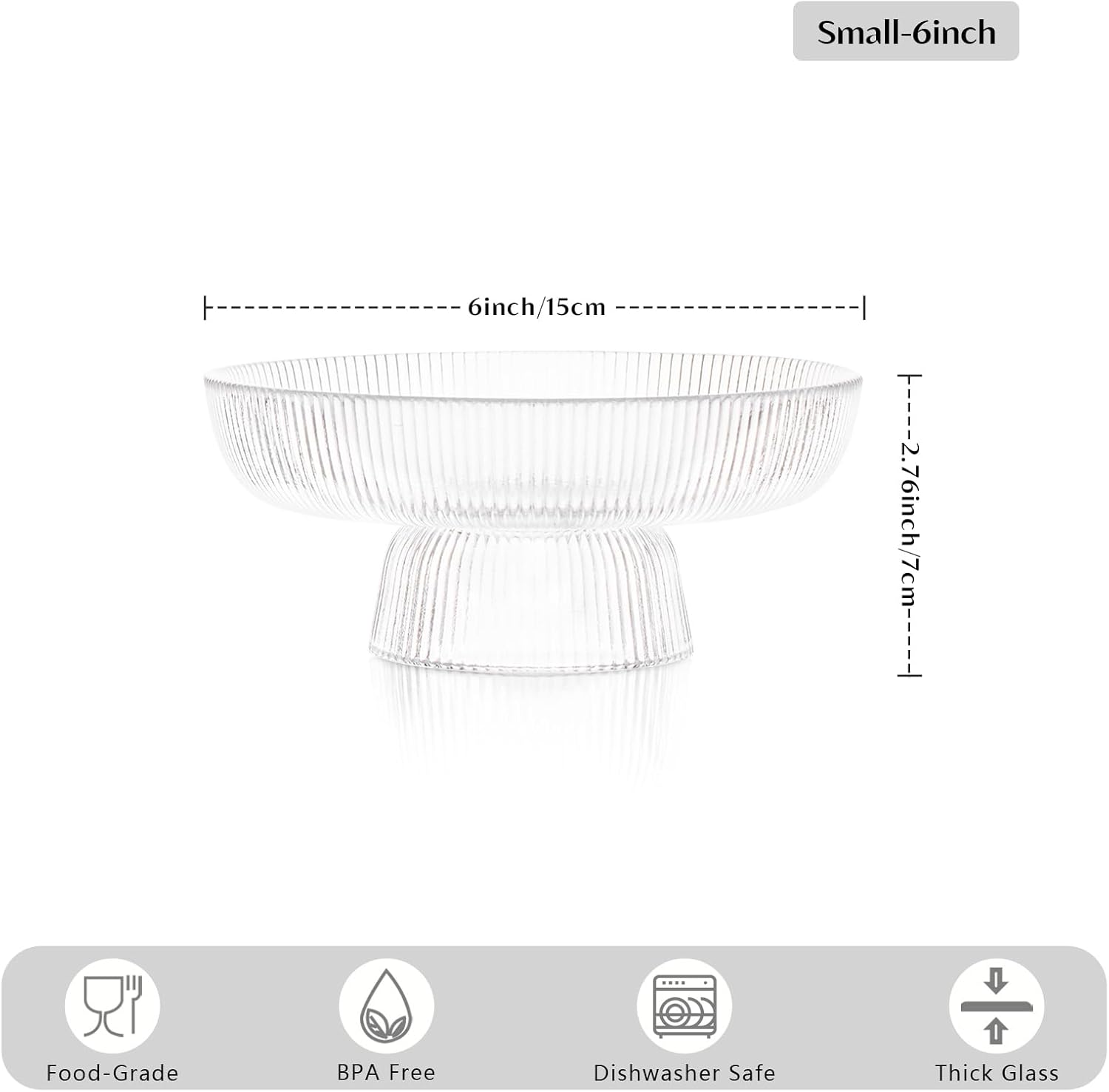 INSETLAN Clear Glass Fruit Bowl with Ribbed Design
