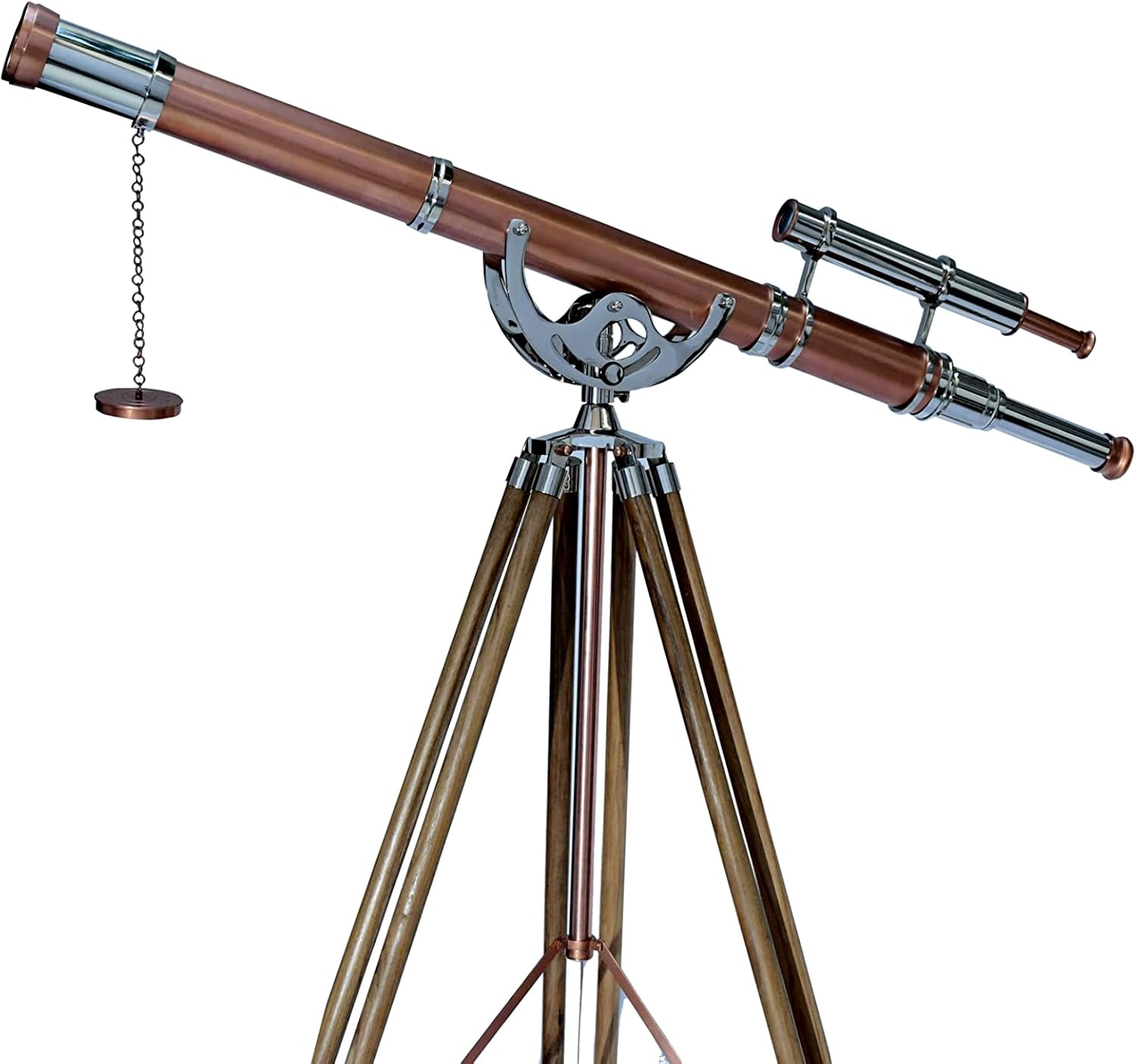 Nautical Vintage Brass Chrome Copper Double Barrel Telescope with Teak Tripod