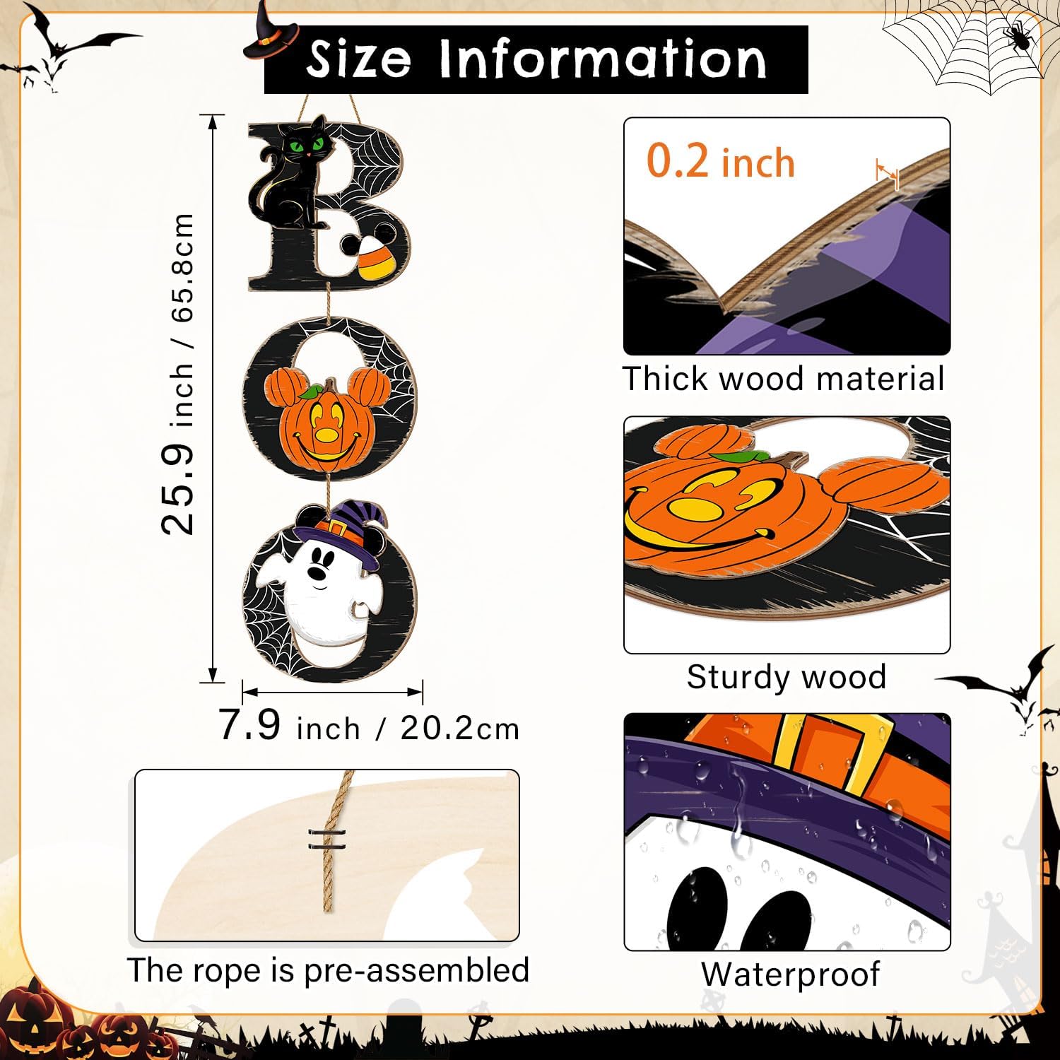 Halloween BOO Mouse Door Sign Decorations with Black Cat Pumpkin Ghost