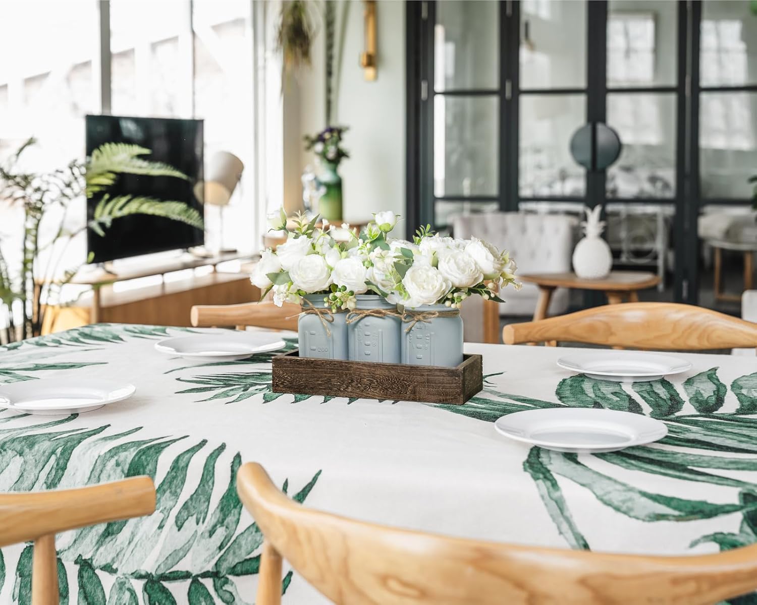 Mkono Decorative Wood Tray With 3 Painted Jars And Artificial Flowers