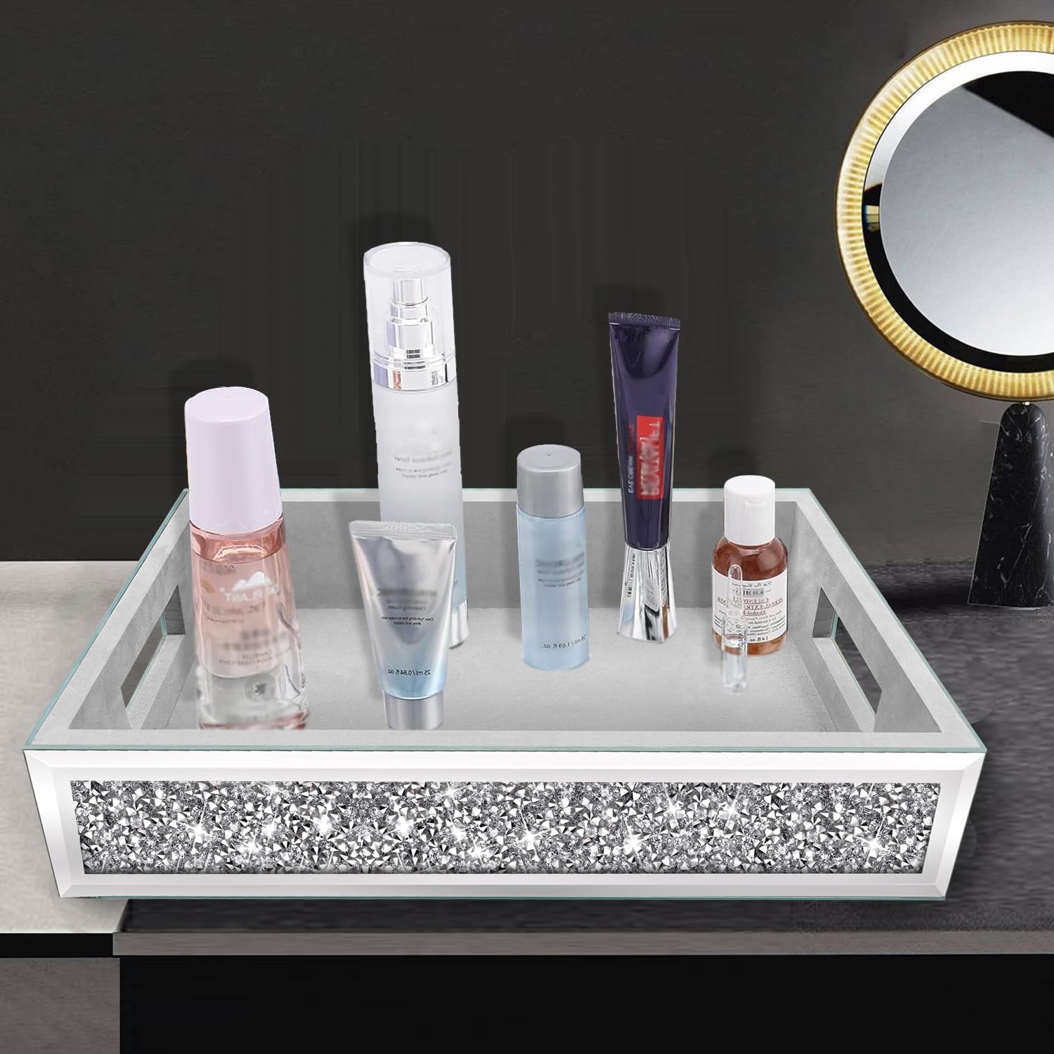 Wocred Mirror Perfume Tray with Diamond Design
