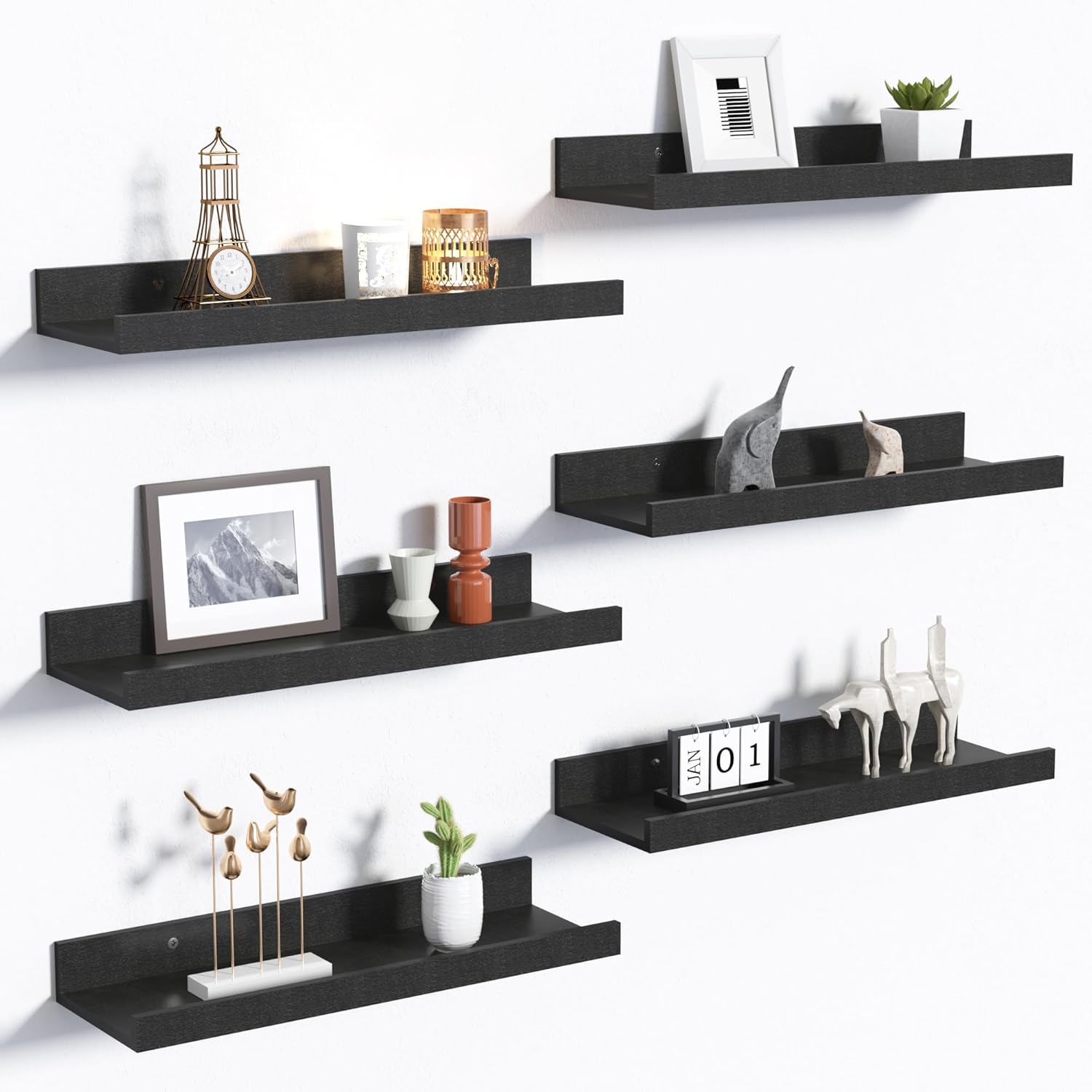 Upsimples Floating Shelves Set of 6 Black Wall Mounted Wood Shelves for Decor