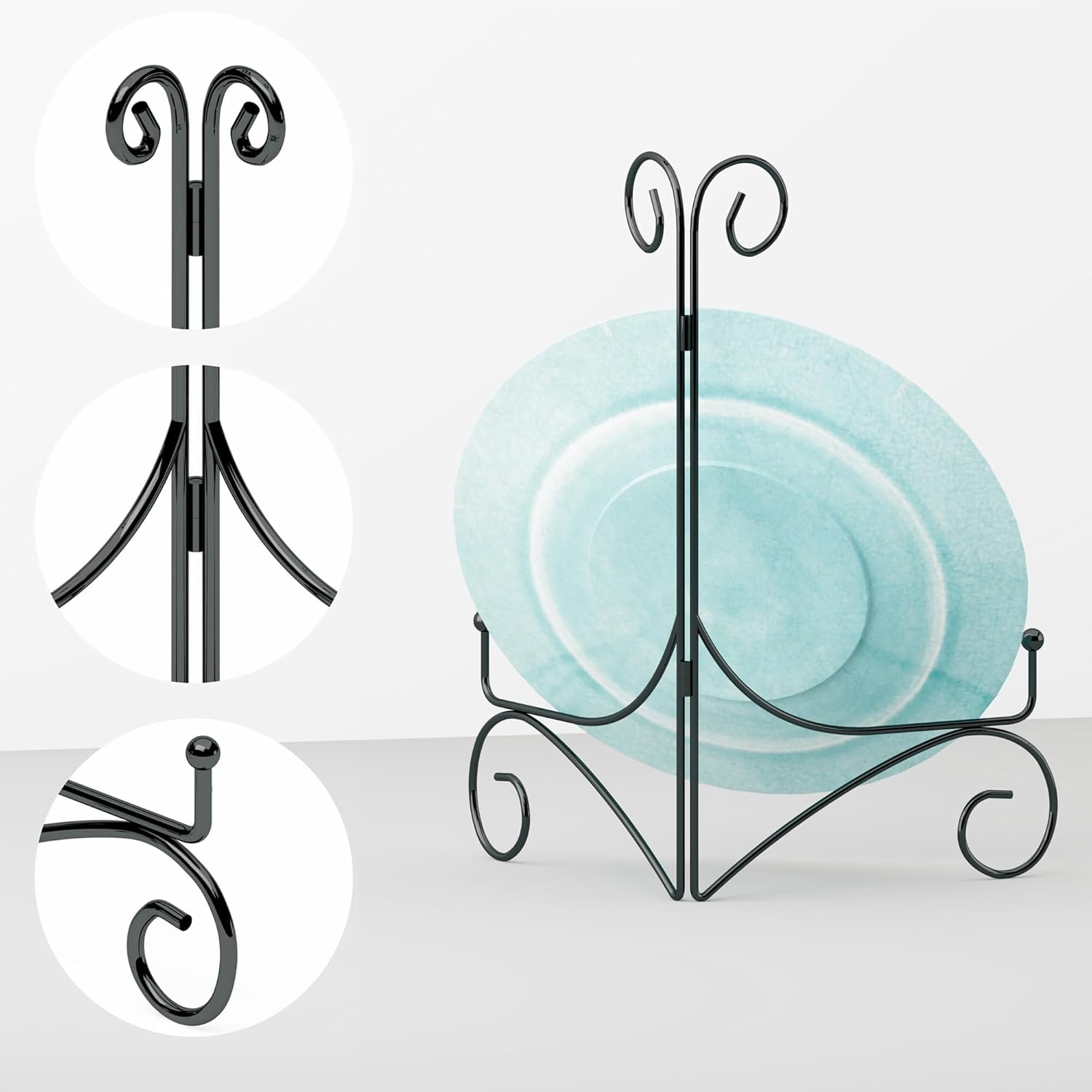 6 Inch Black Plate Stand with Hinged Folding Design