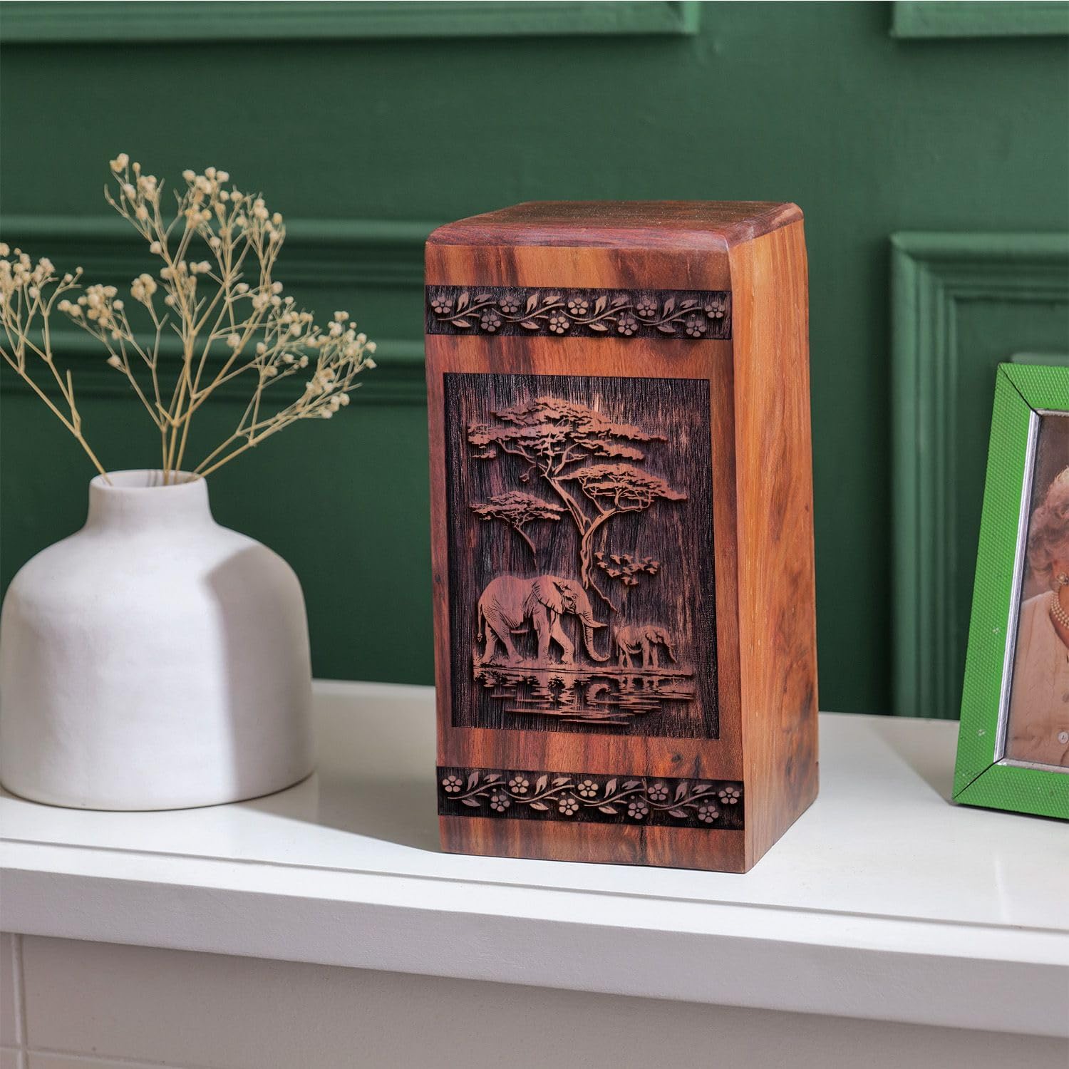 Elegant Wooden Elephant Urn for Human Ashes - 5 Inch Size