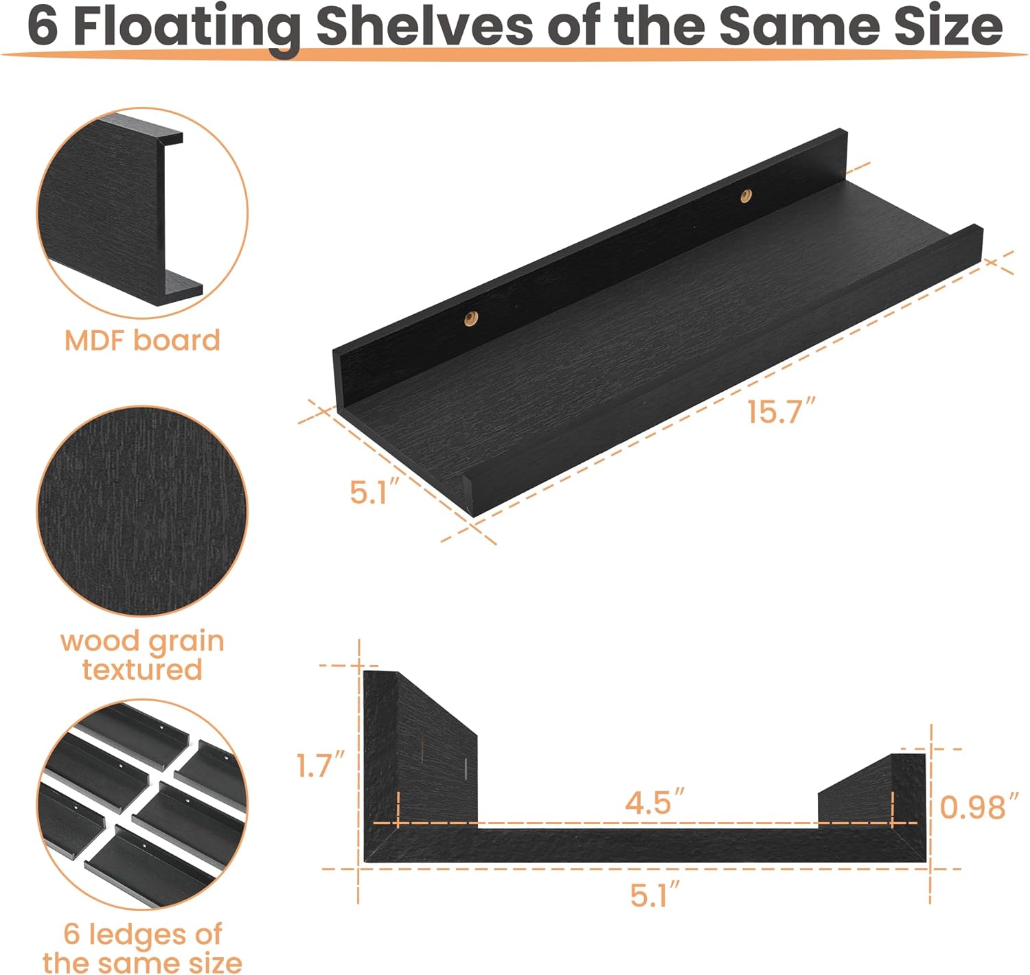 Upsimples Floating Shelves Set of 6 Black Wall Mounted Wood Shelves for Decor