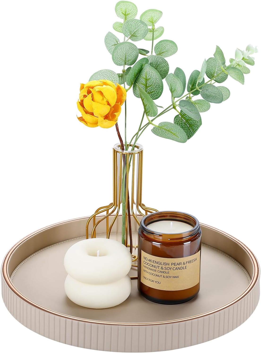 GORESE Round Decorative Tray 12 PU Leather Serving Tray for Coffee Table and Home Decor