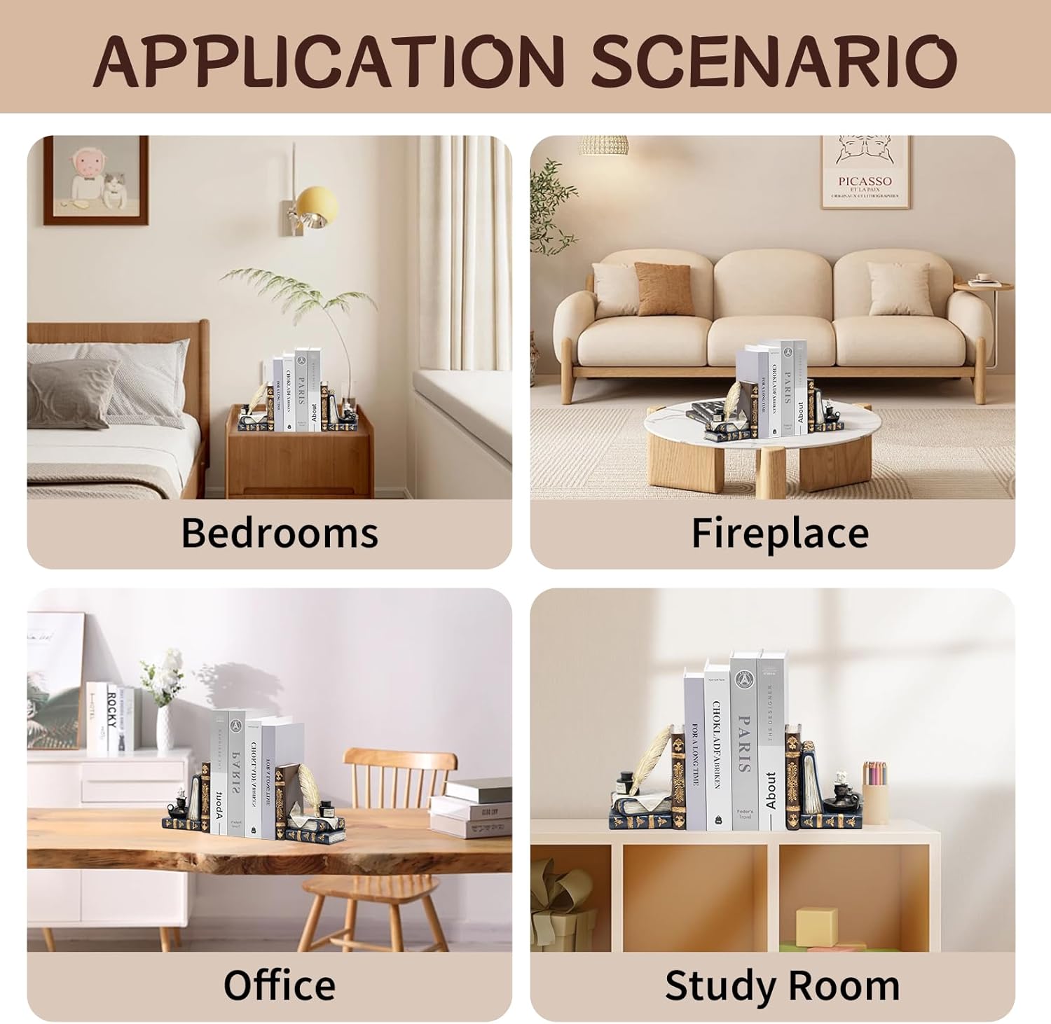 Vintage L Shaped Bookends with Feather Quill and Oil Lamp Design