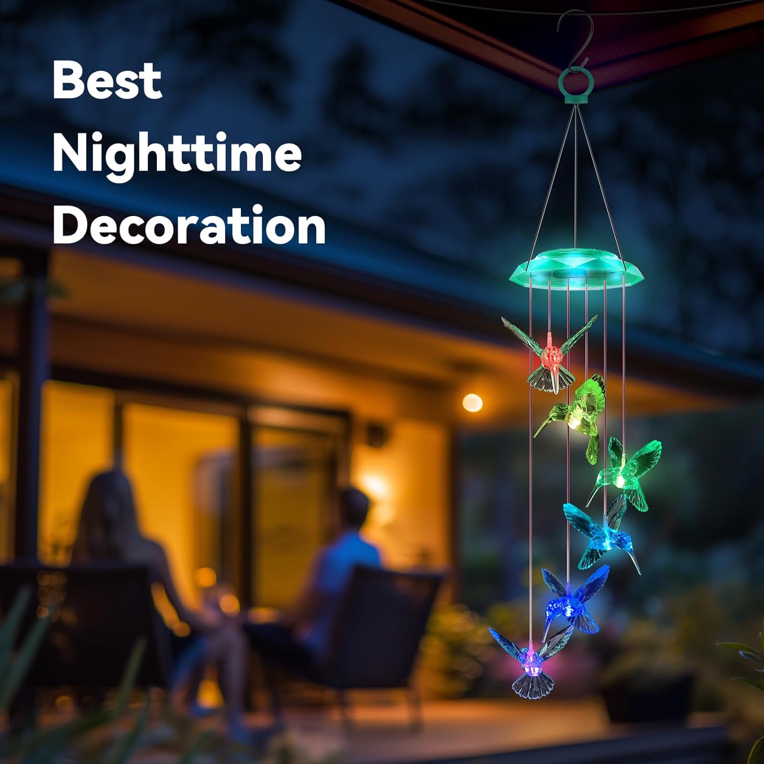 Diamond Cut Hummingbird Solar Wind Chime for Garden 28 Green Light