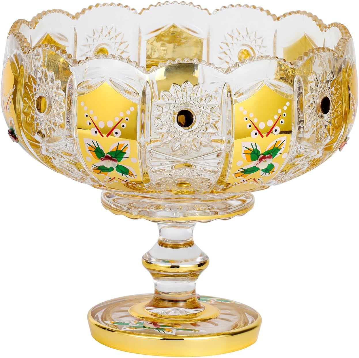 G Crystal Glass Fruit Bowl with Gold Accents and Floral Design
