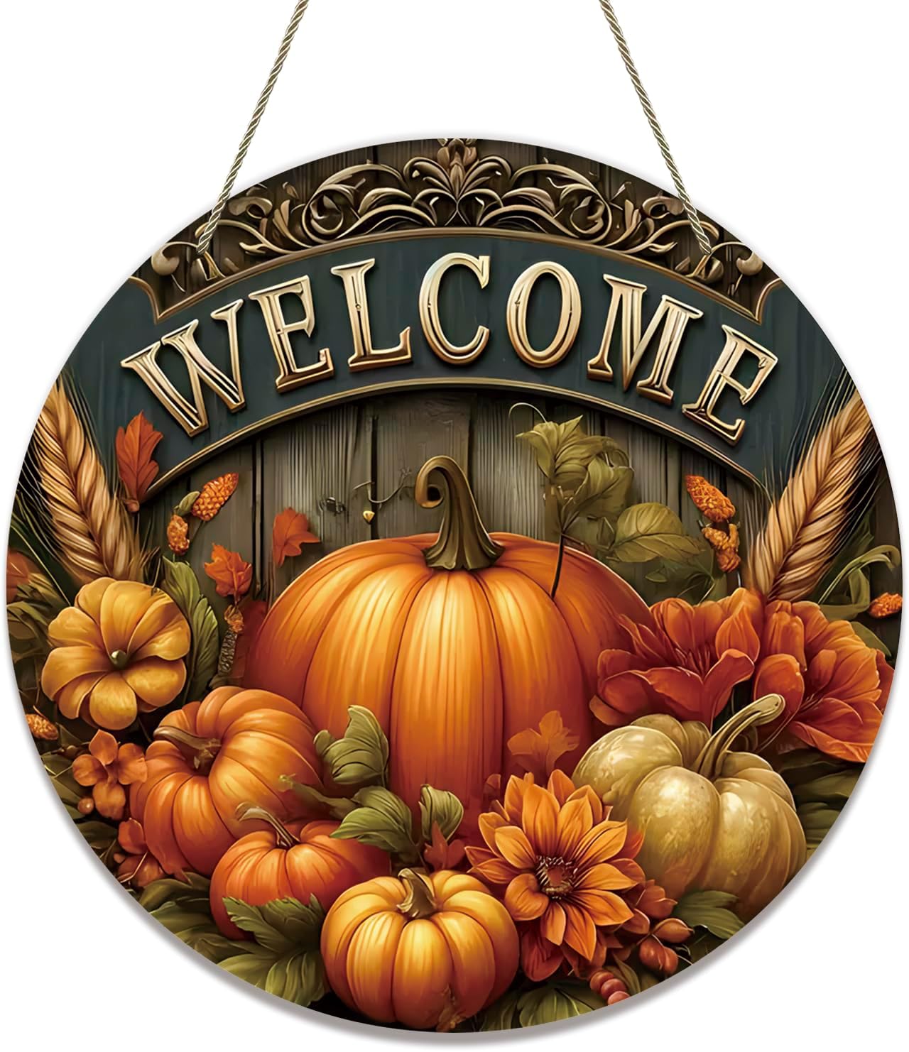 Fall Welcome Door Sign with Rustic Pumpkin Design