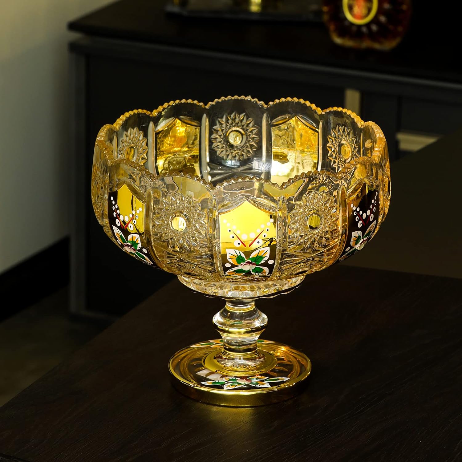 G Crystal Glass Fruit Bowl with Gold Accents and Floral Design