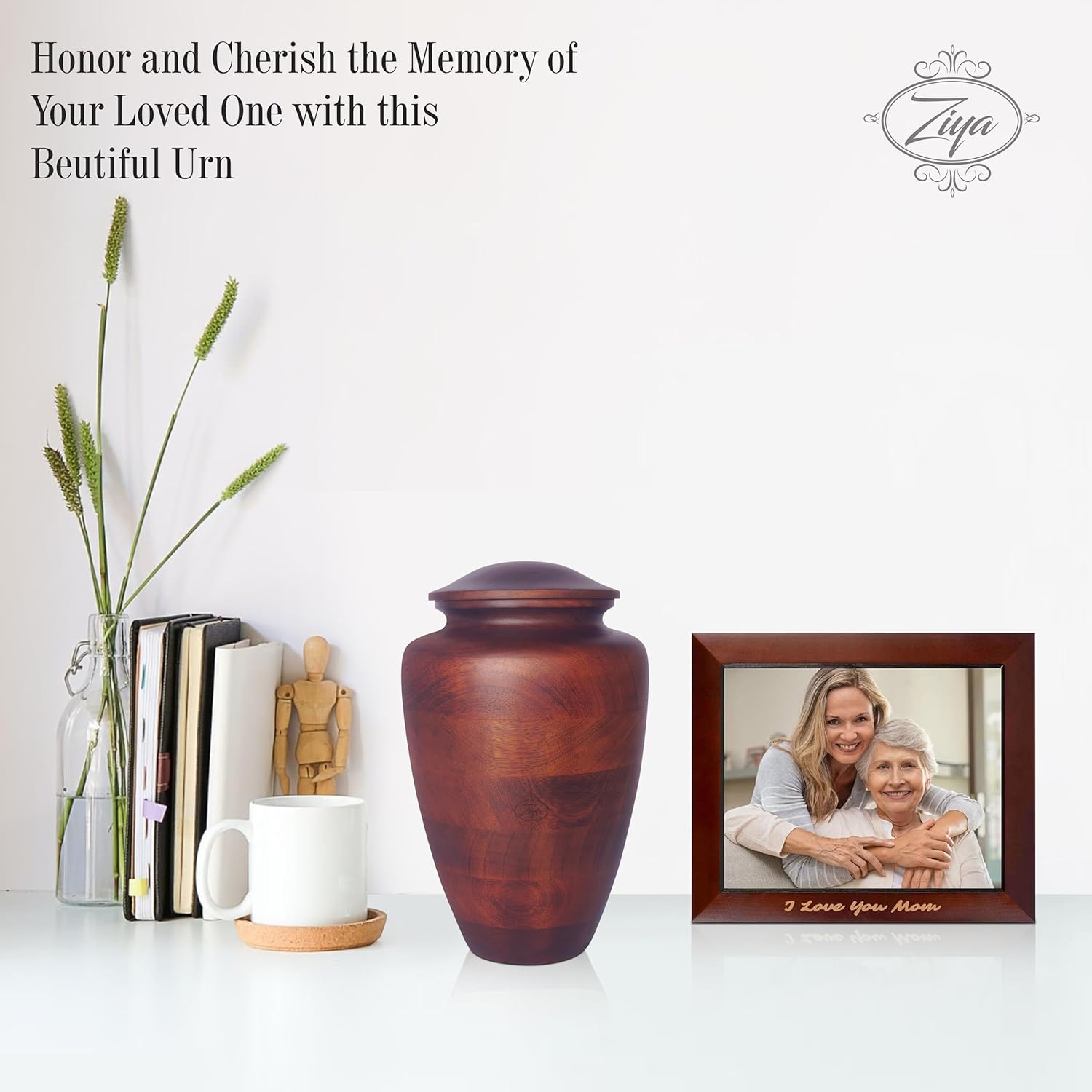 ZIYA Large Wooden Cremation Urn for Human Ashes - Rosewood Burial Urn with Velvet Bag
