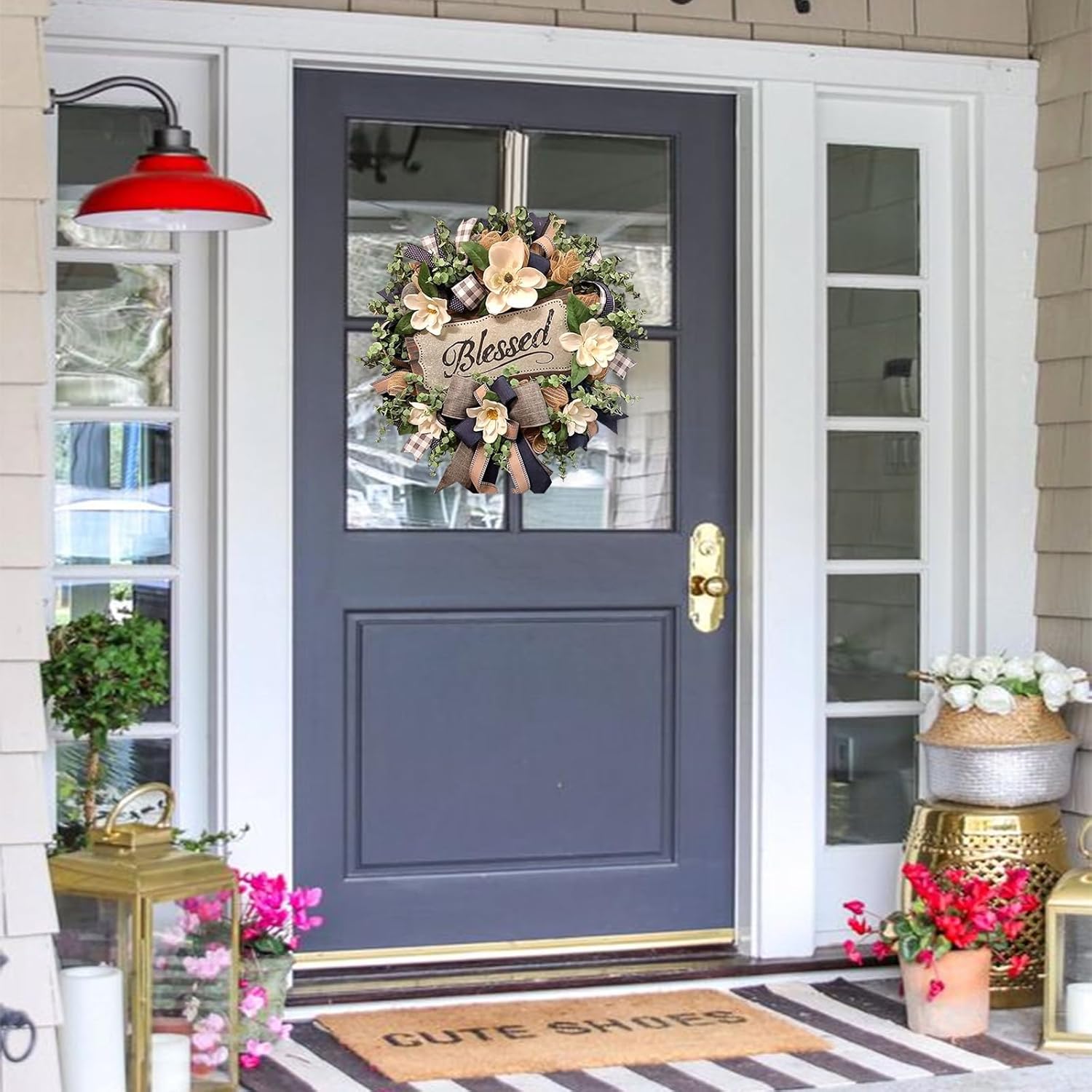 White Magnolia Wreath for Front Door Farmhouse Decor