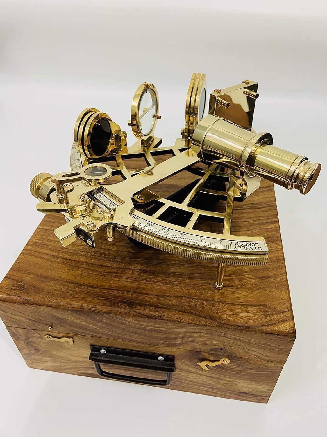 Vintage Brass Nautical Sextant With Decorative Wooden Box