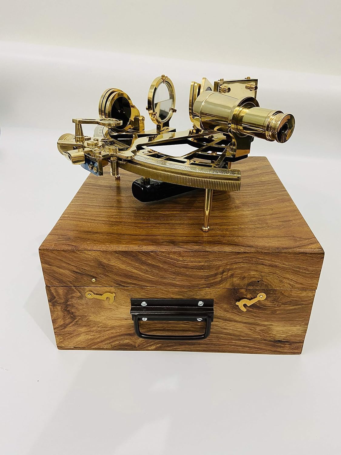 Vintage Brass Nautical Sextant With Decorative Wooden Box