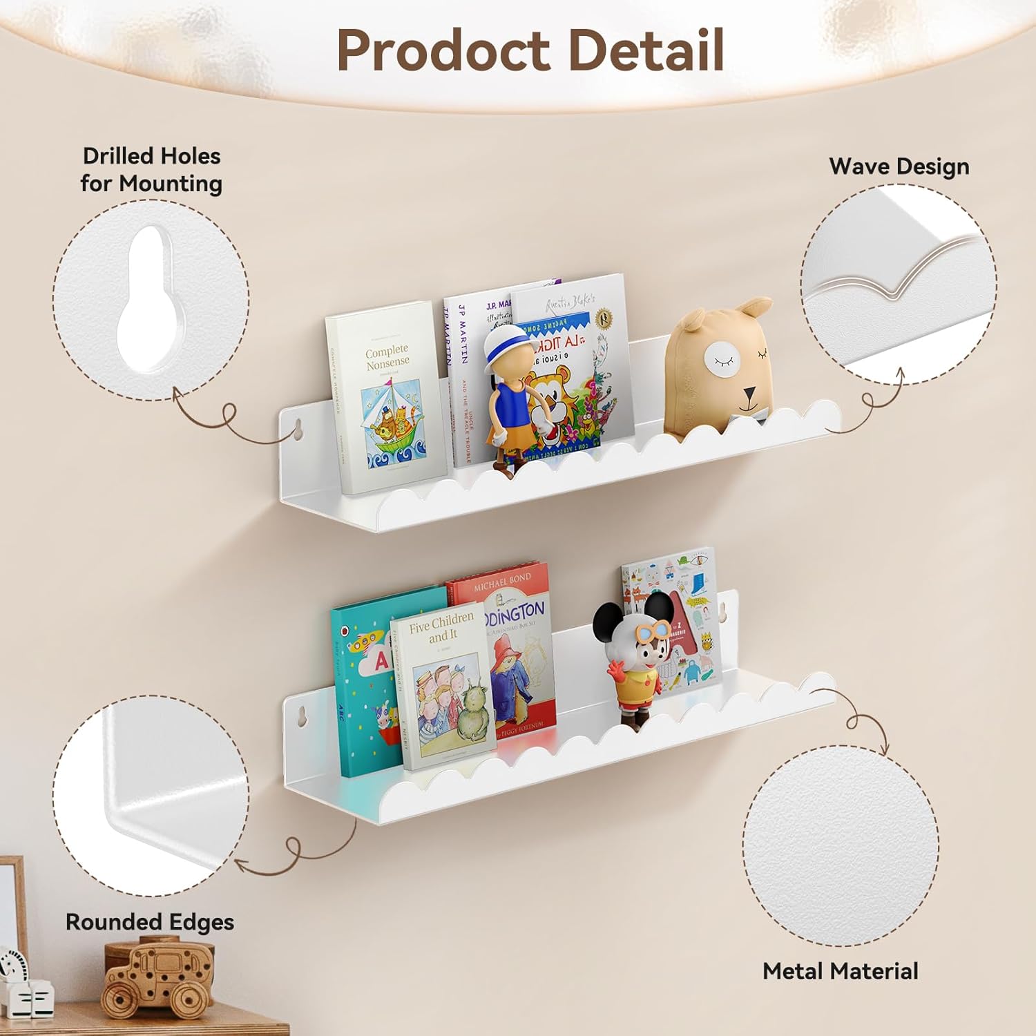 4 Pack White Floating Shelves for Kids Room Wall Decor