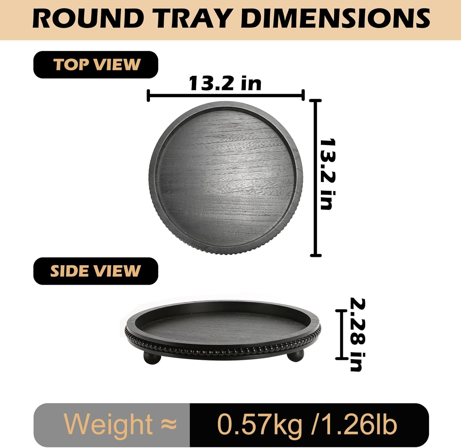 Round Black Wooden Beaded Decor Tray for Coffee Table