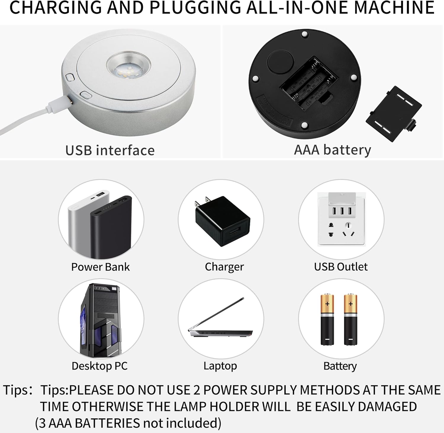 Rotating Display Stand with Colorful LED Lights - 4 Modes 8 Light Options - Electric Battery Operated - Silver