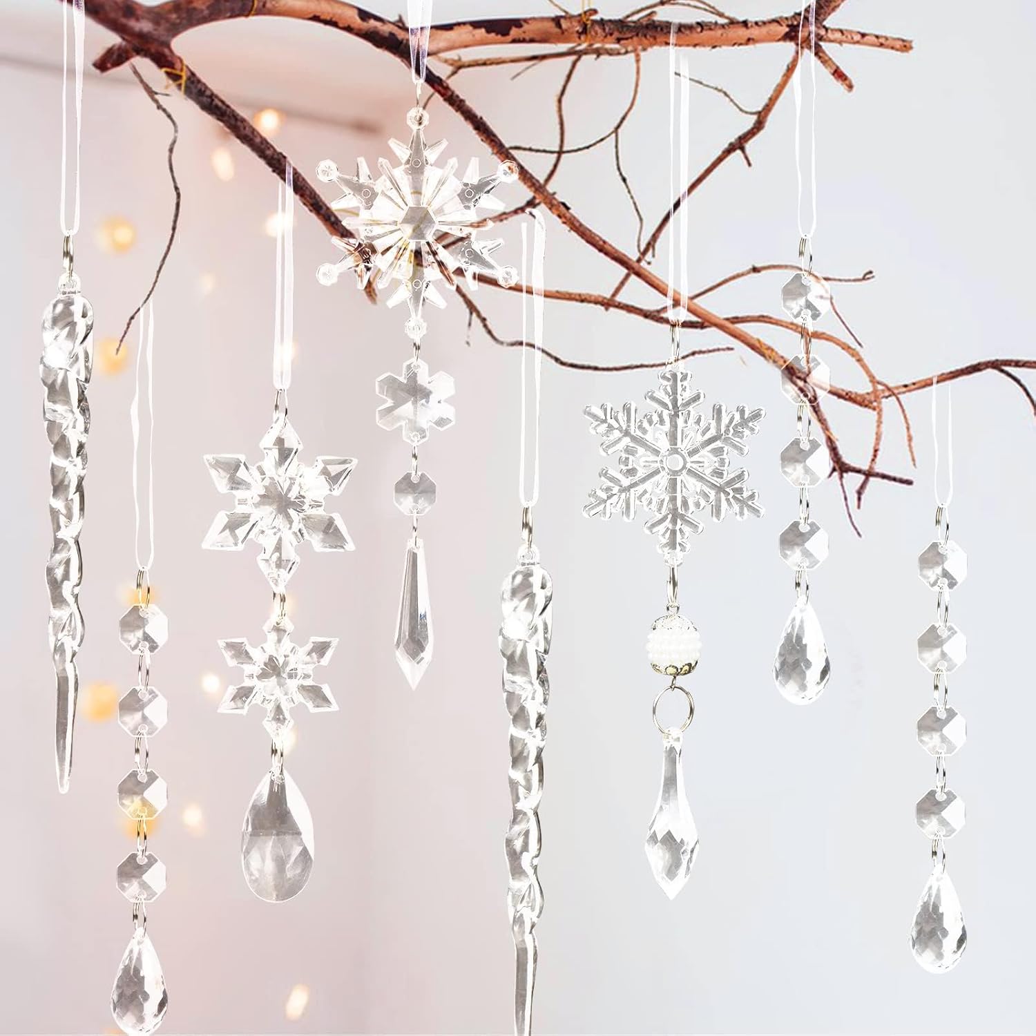 18pcs Crystal Christmas Tree Decorations with Snowflakes and Icicles