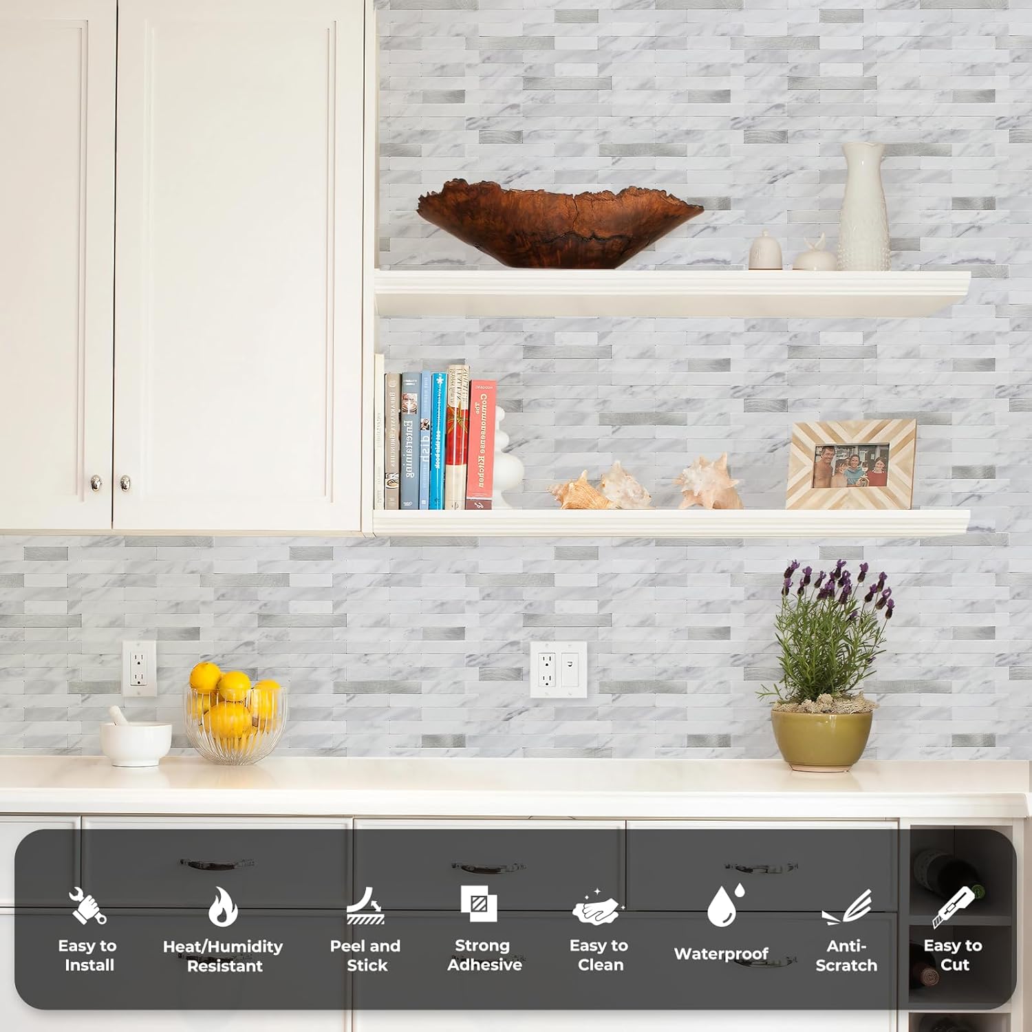 STICKGOO Peel and Stick Backsplash Tiles White Marble with Silver Metal 10 Sheets