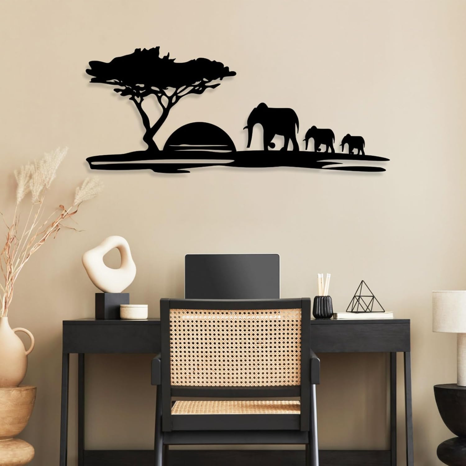 Cadeali Sunset Elephant Metal Wall Art Black 30x13