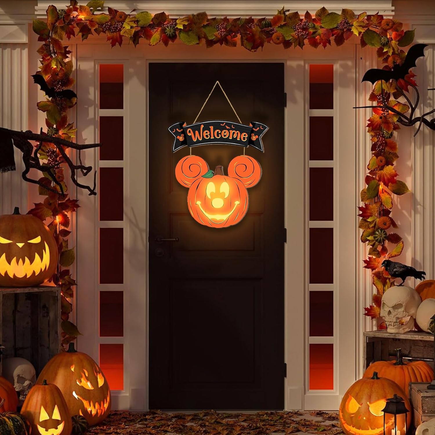 Halloween Mouse Pumpkin Lantern Door Sign with Light
