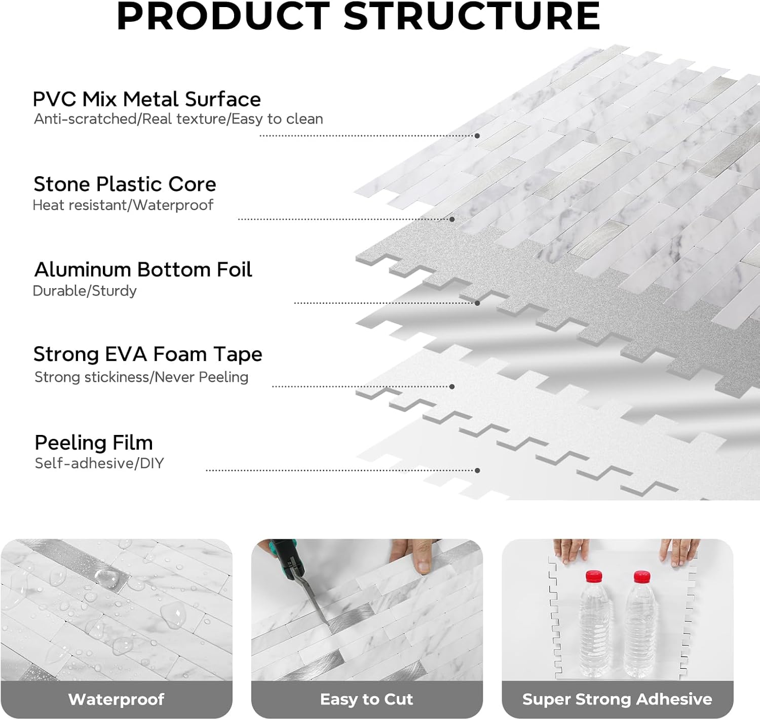 STICKGOO Peel and Stick Backsplash Tiles White Marble with Silver Metal 10 Sheets