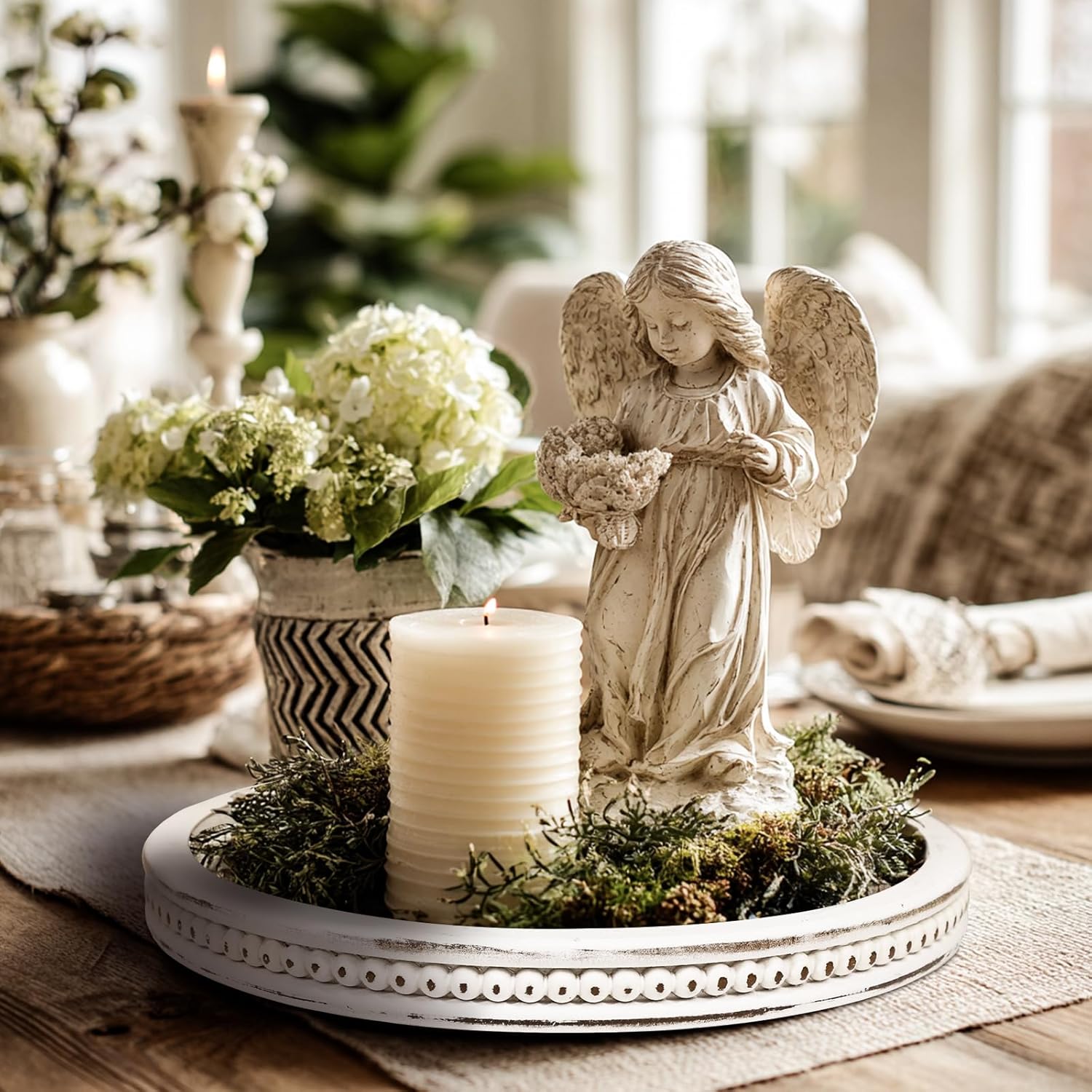 CEDARLUX Wooden Round Decorative Tray - Modern Farmhouse White Coffee Table Serving Tray