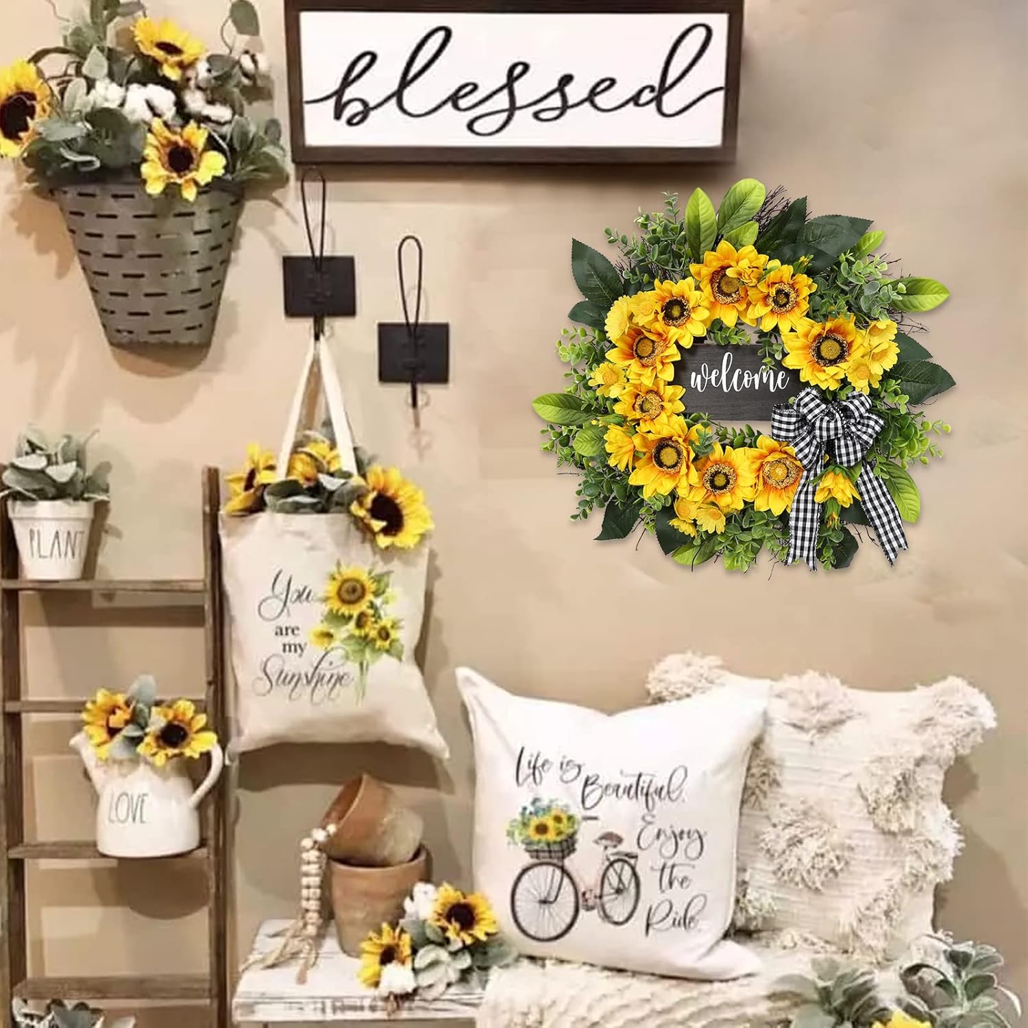 Vofuly Sunflower Wreath 20 Inch Welcome Front Door Decor