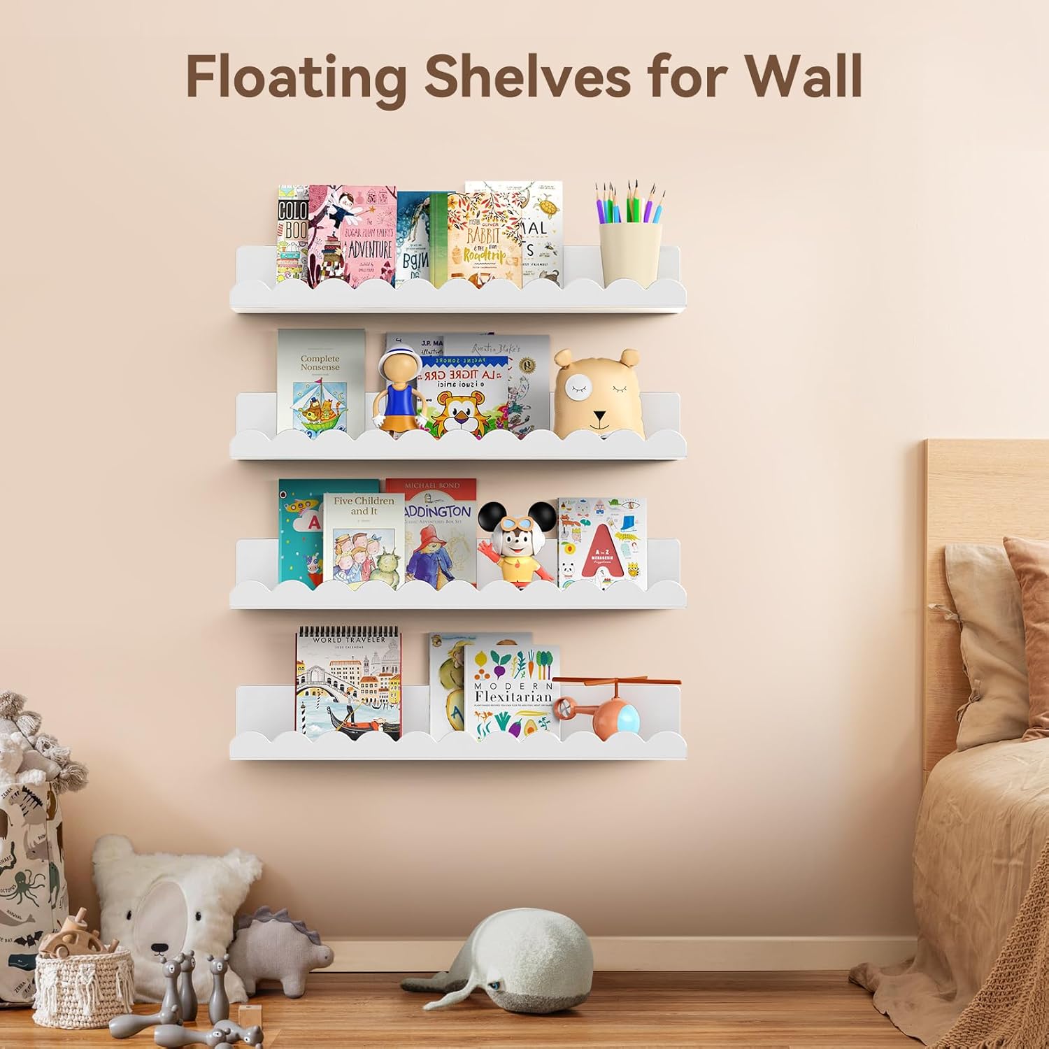 4 Pack White Floating Shelves for Kids Room Wall Decor