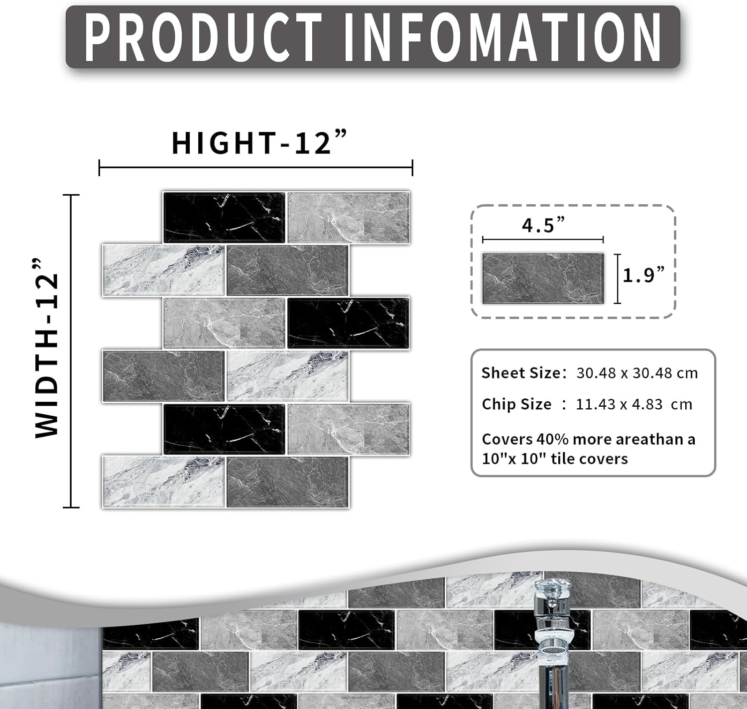 12x12 Inch Marble Peel and Stick Backsplash