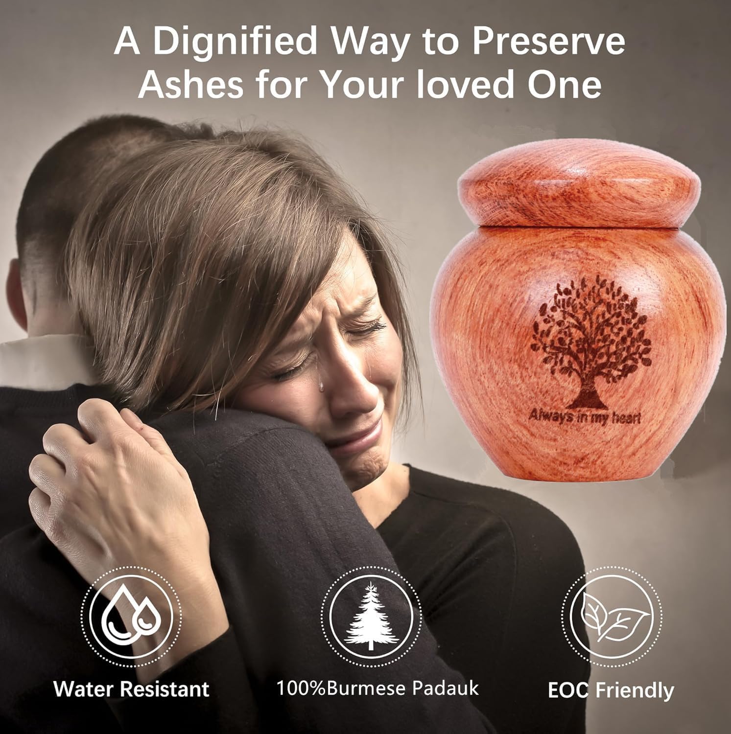 Small Wood Keepsake Urn for Human Ashes with Tree of Life Pattern