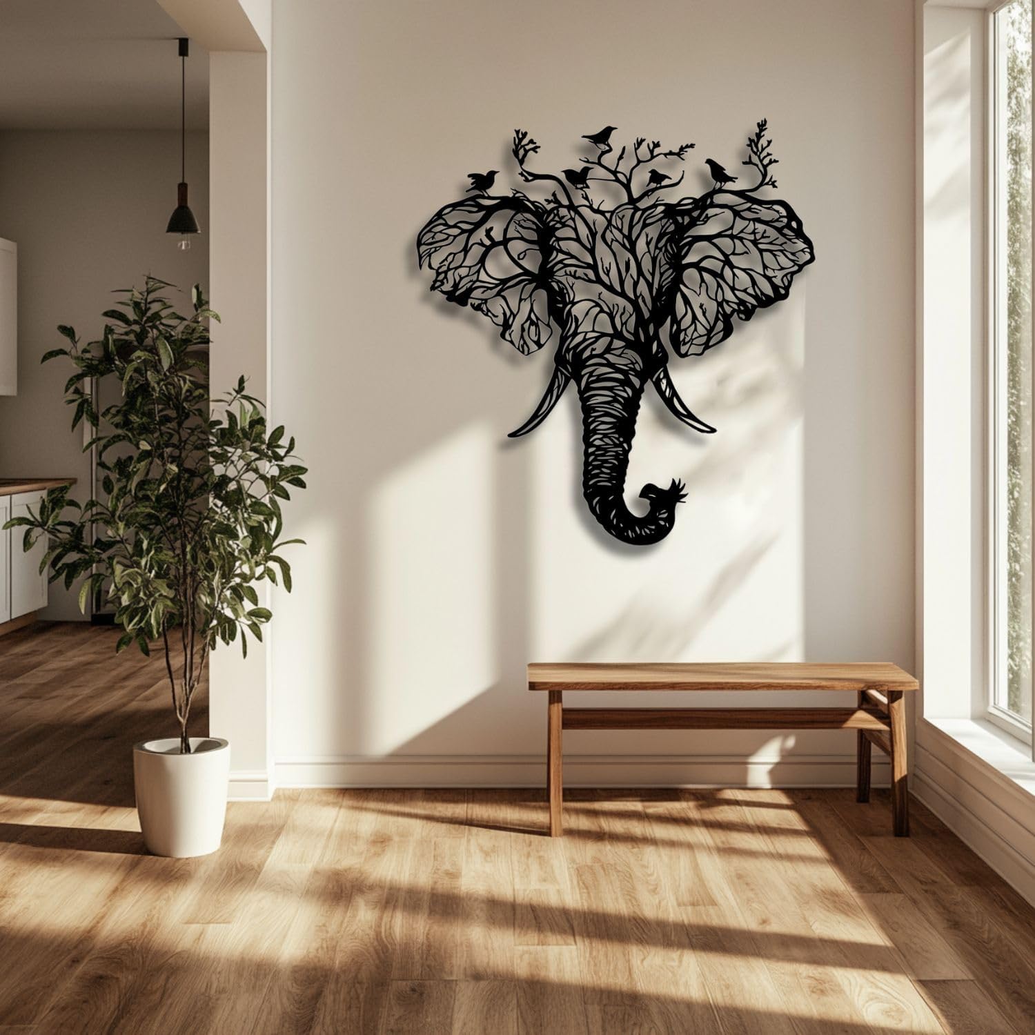 Flewfar Elephant Head Metal Wall Art Birds And Tree Hanging Decoration White 19x19 Inch Unframed
