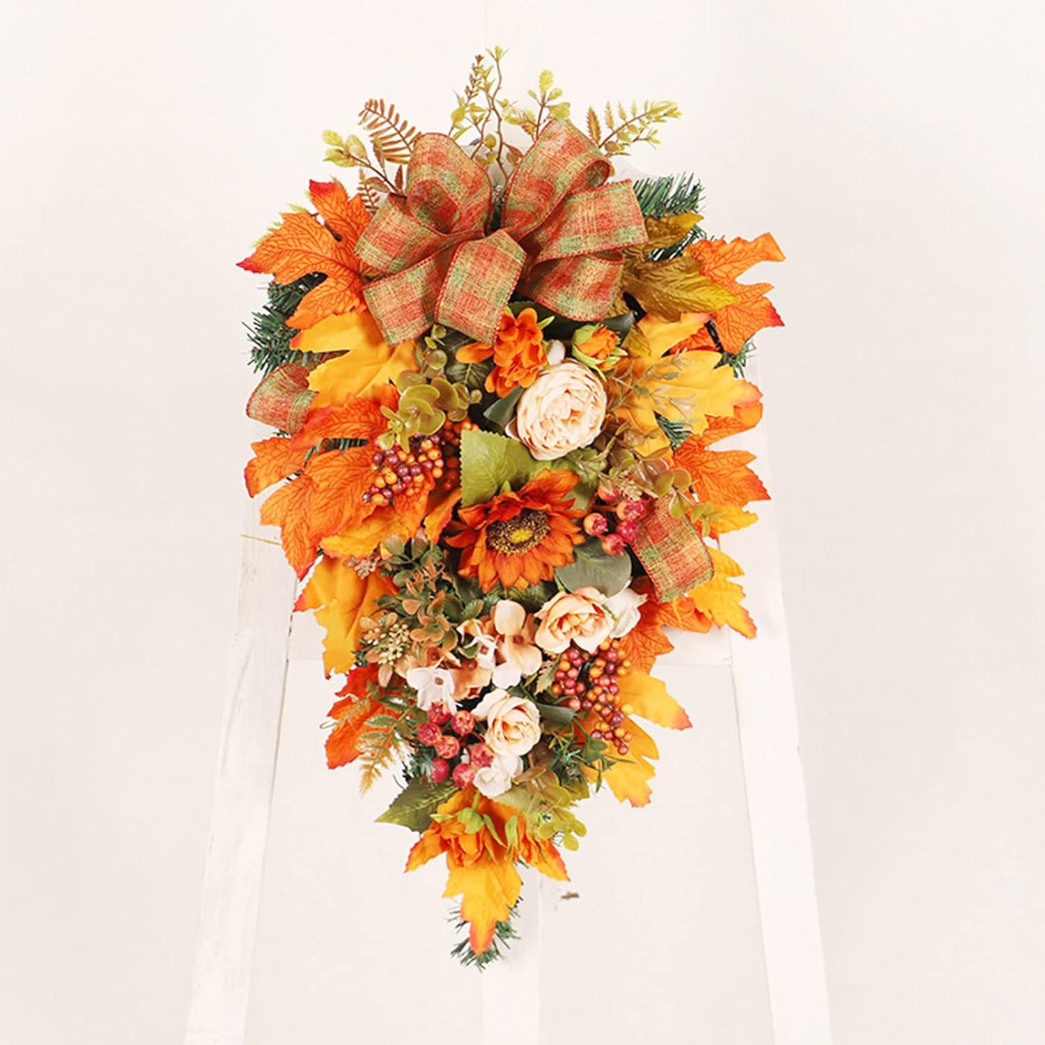 Harvest Teardrop Swag with Peonies and Maple Leaves