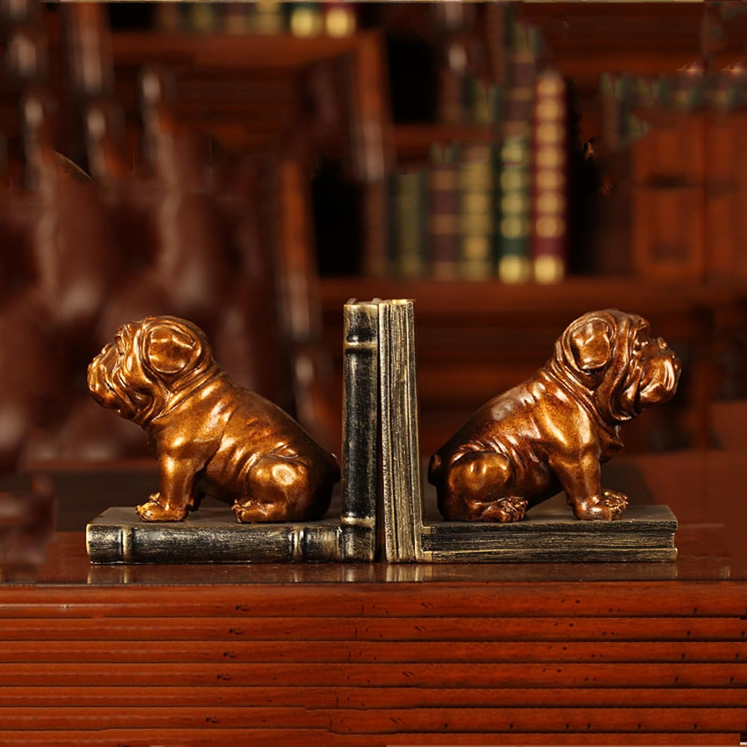 Dwysswyd Bulldog Bookends - Vintage Resin Shelf Guardians with Anti-Slip Base 1