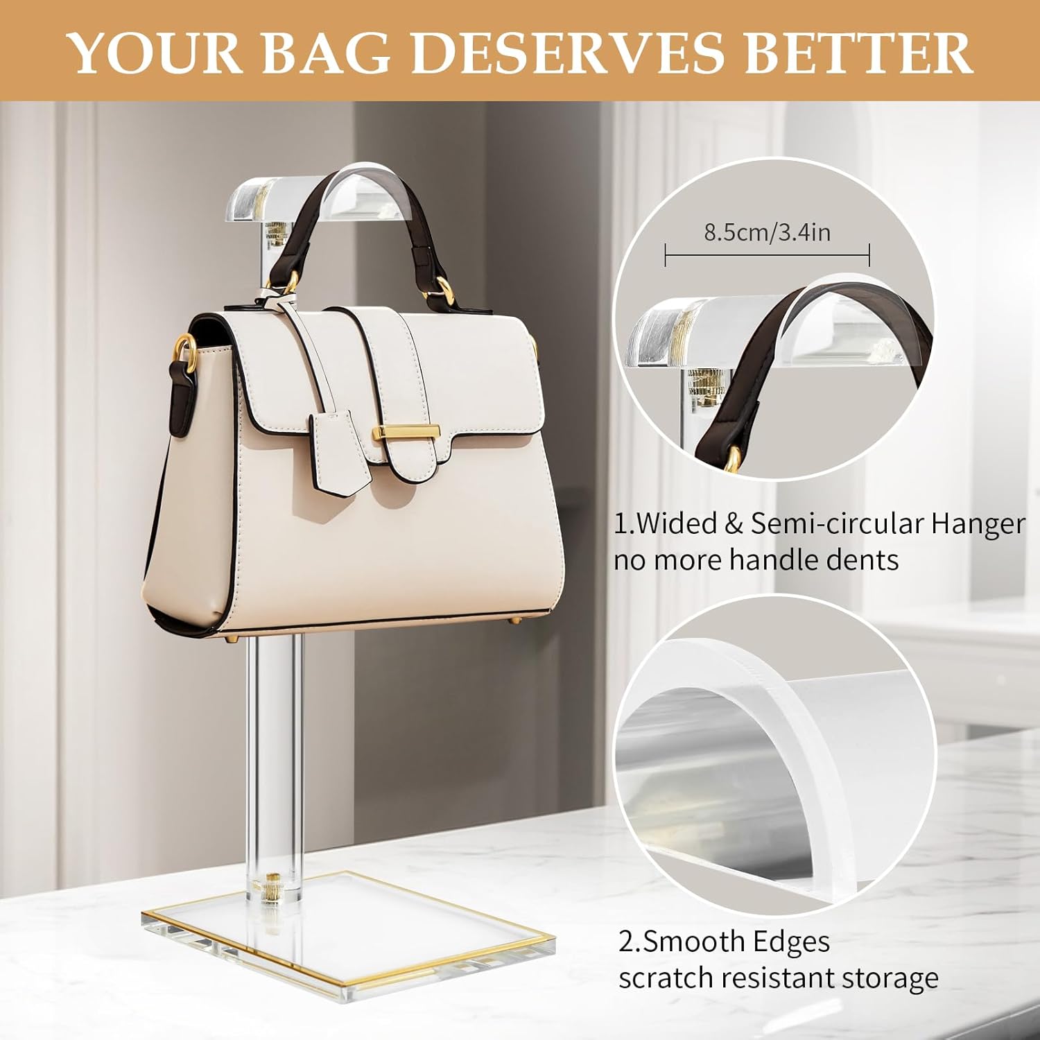 Adjustable Acrylic Purse Display Stand with Gold Trim