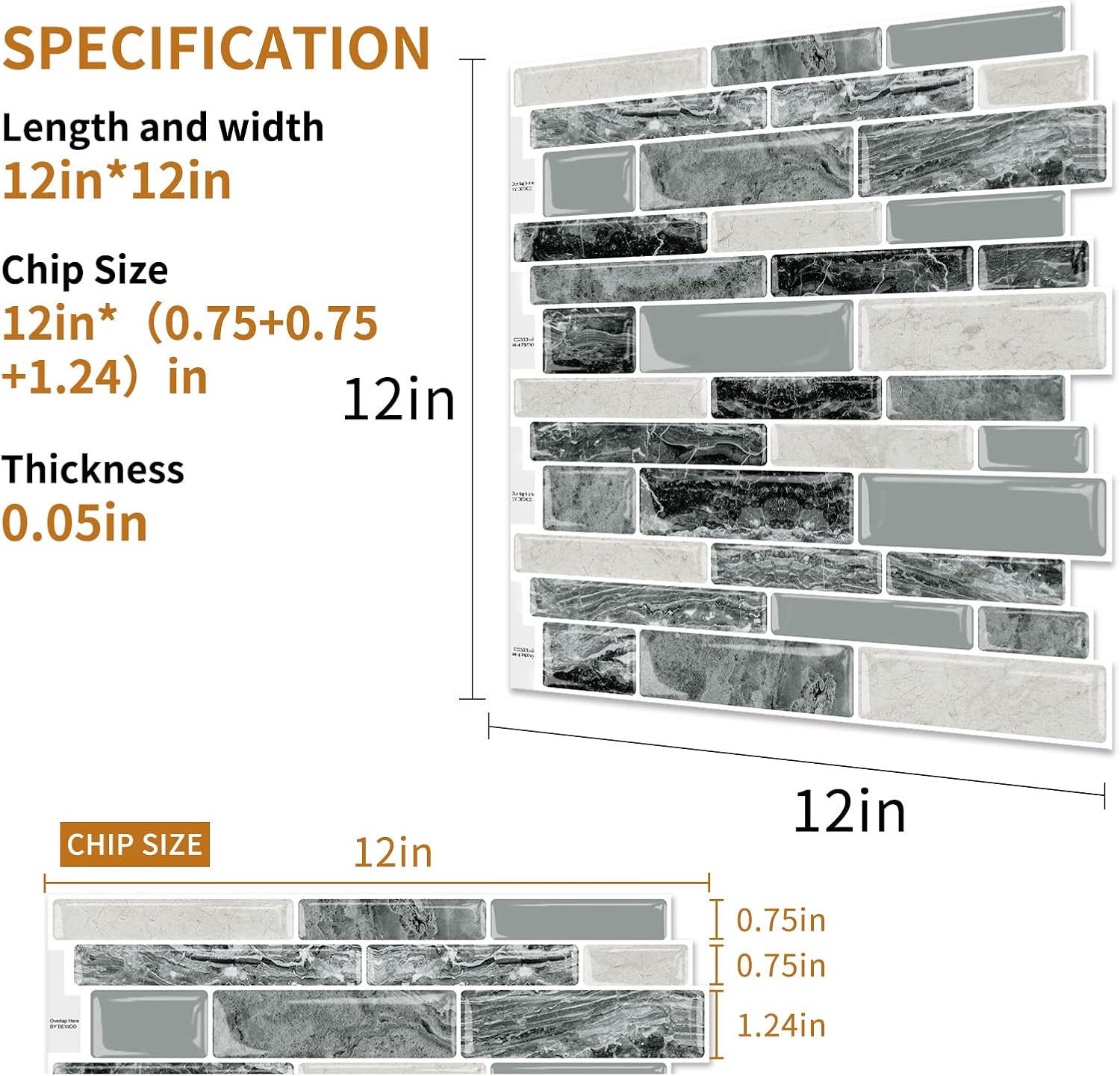 DEWOO 3D Self Adhesive Wall Tiles Marble Gray 10-Sheet 12x12
