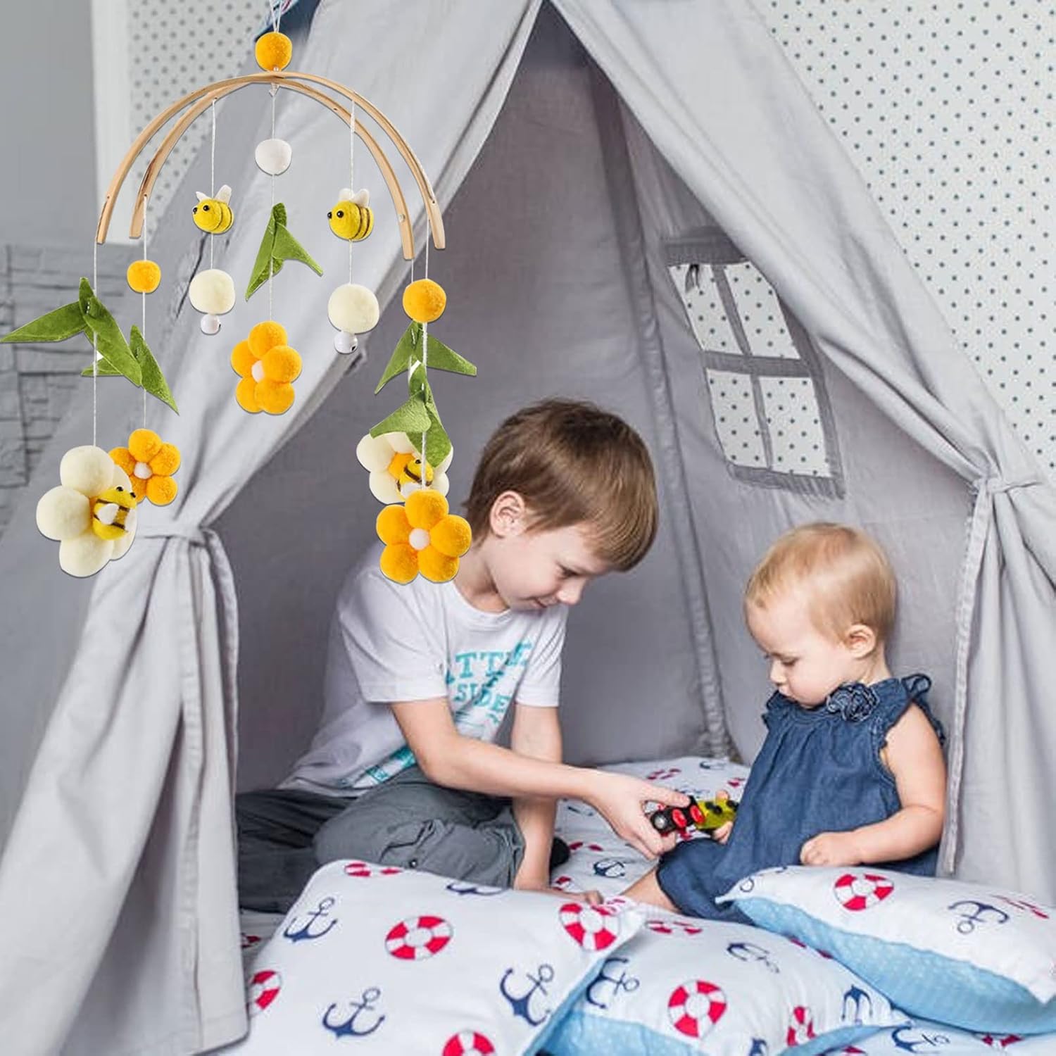 Handmade Wooden Crib Mobile with Bees
