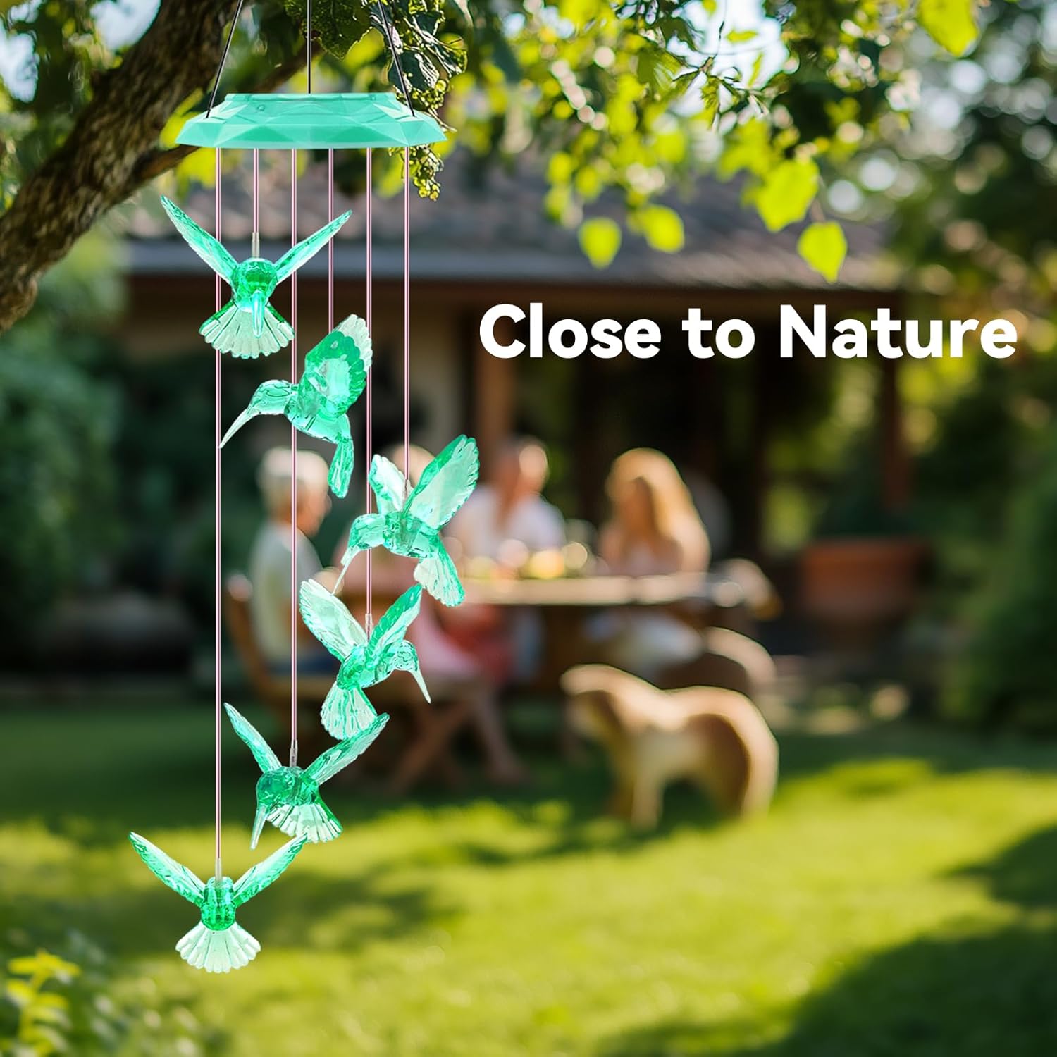 Diamond Cut Hummingbird Solar Wind Chime for Garden 28 Green Light